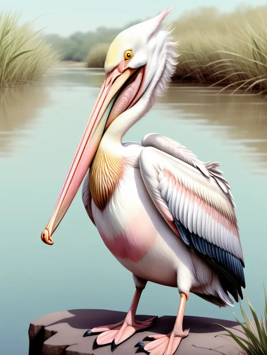 cute illustration of a great white pelican standing on a river-bank, pastel colours, not too much detail, somewhat anthropomorphised with a dopey expression