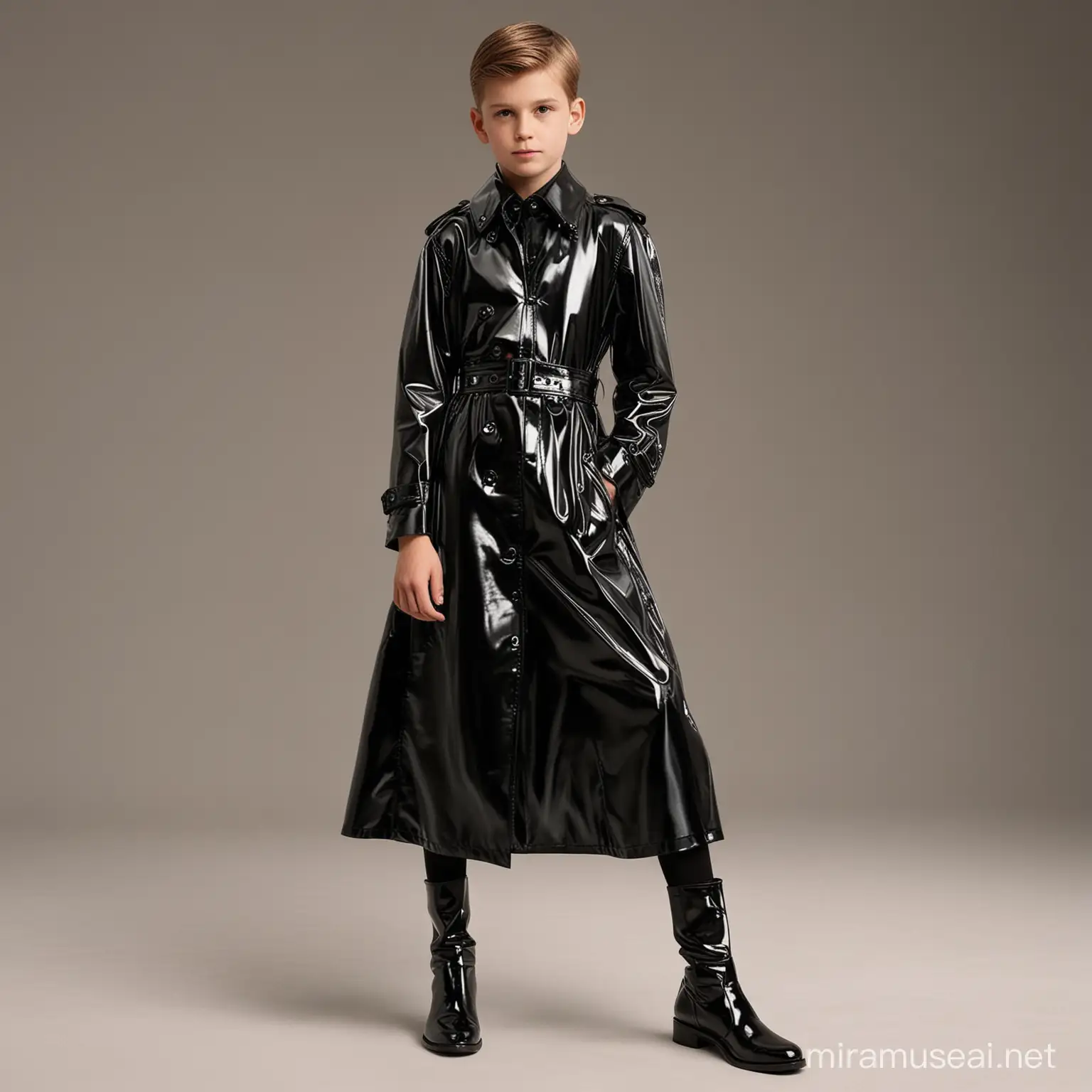 a young boy wearing a shiny pvc trenchcoat maxi length black meant for girls but he wears it anyway