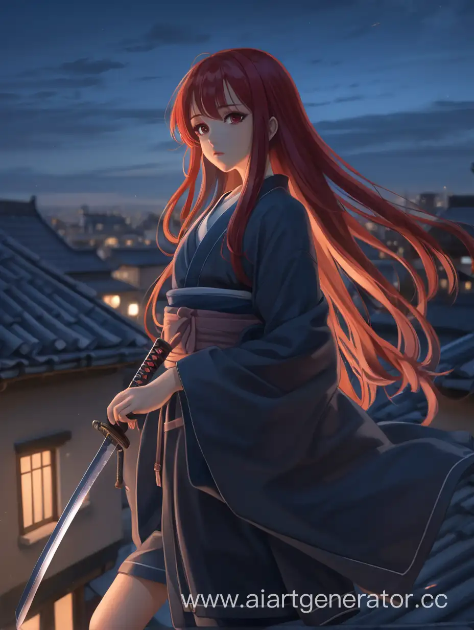 Elegant-RedHaired-Anime-Girl-with-Katana-at-Dusk