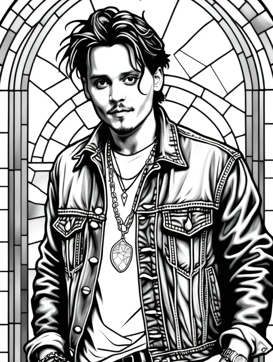 adult coloring page, clean black and white, white background, young Johnny Depp in 21 Jump Street, denim jacket, hip necklaces, wide leather bracelet, tshirt, slouchy posture, slight mischevious smile. Stained glass with city theme