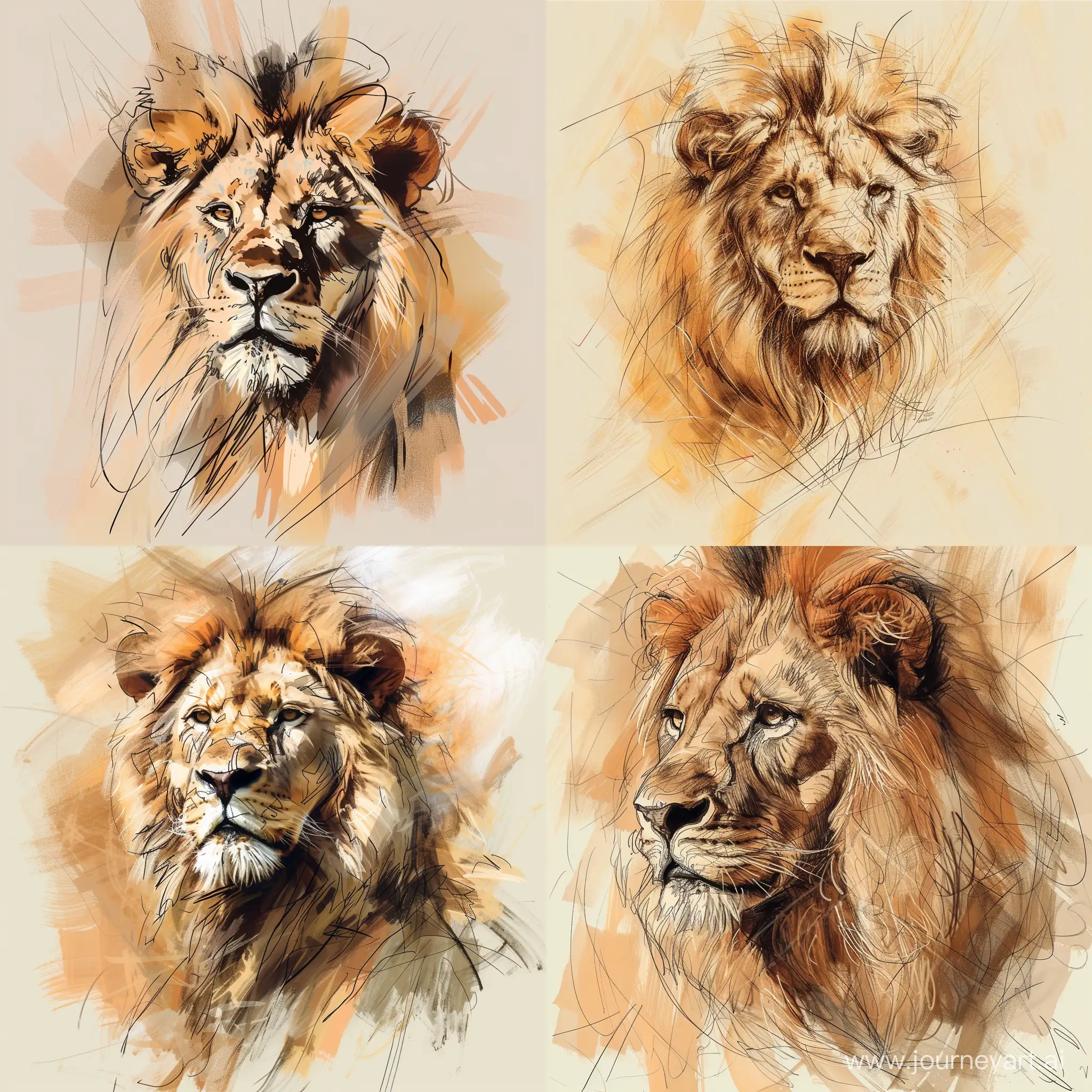 A sketch of a portrait of a lion of loose and expressive lines, light and shadow, minimal details, warm colors , light brown and dark brown color --style raw --v 6 