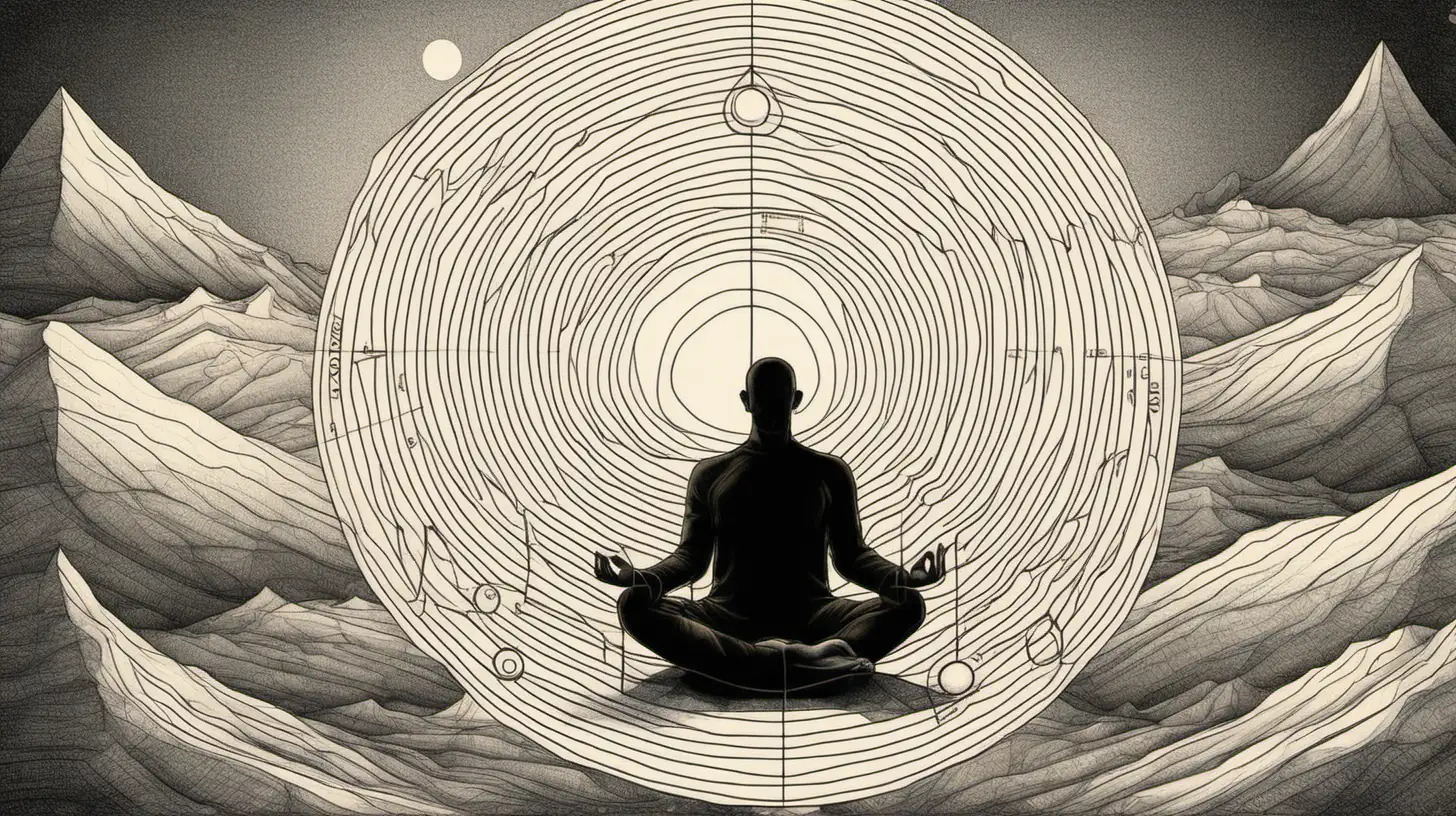 diagrammatic drawing of a meditating man— v 4, solitude, the power of solitude, complex
