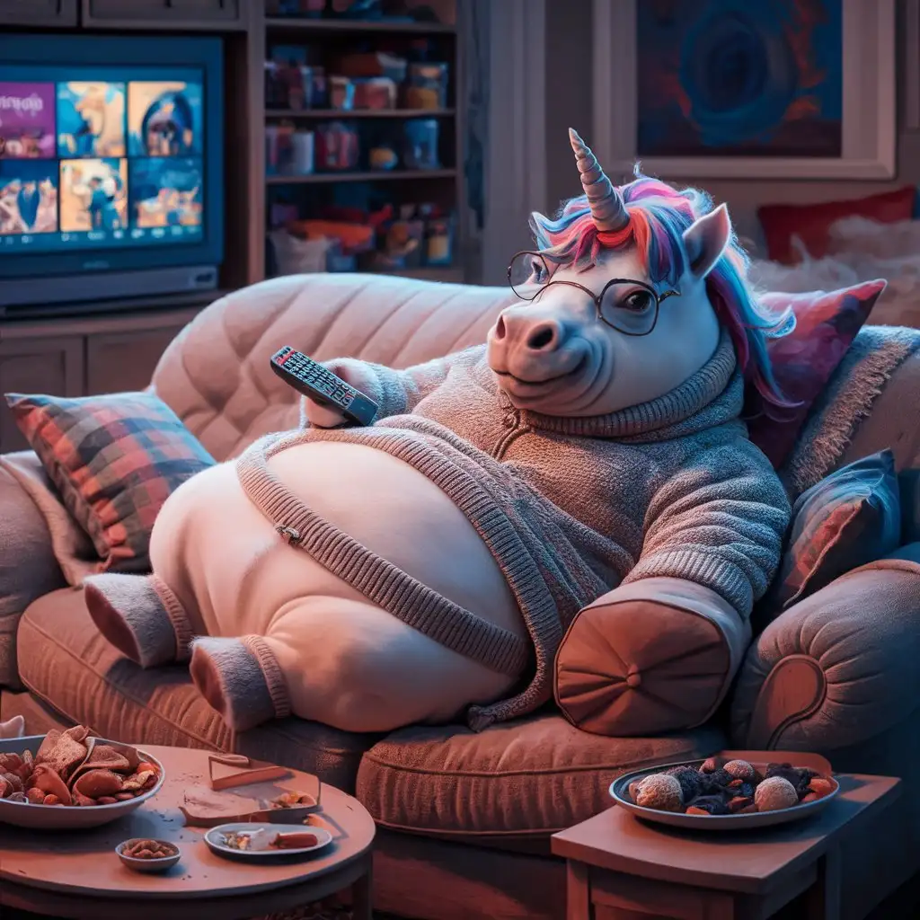 an overweight unicorn, watching tv from the couch
