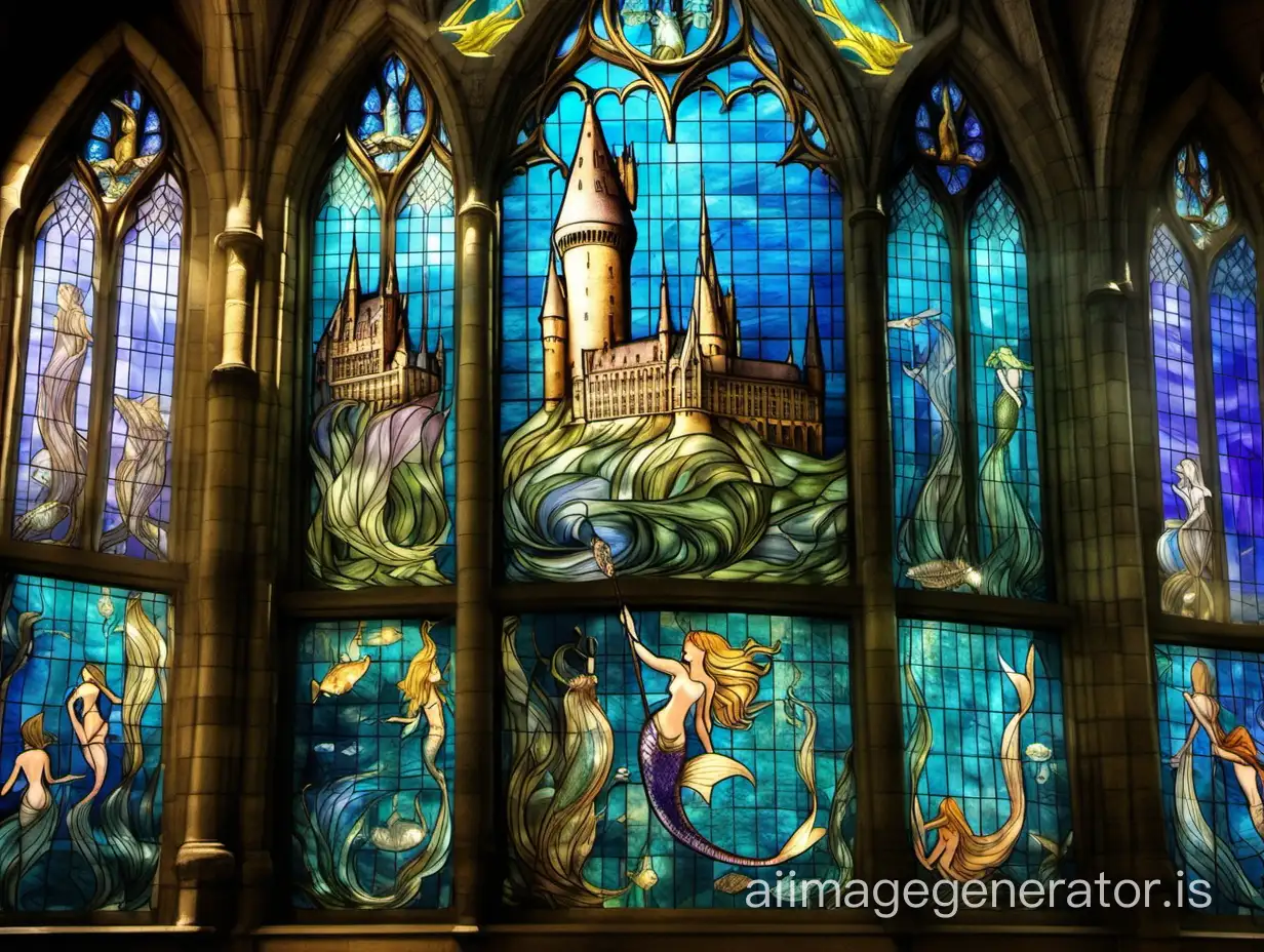 Hogwarts has many people and many bathing students. Beautiful stained glass windows with mermaids. Many details, mermaids are well visible on the stained glass.