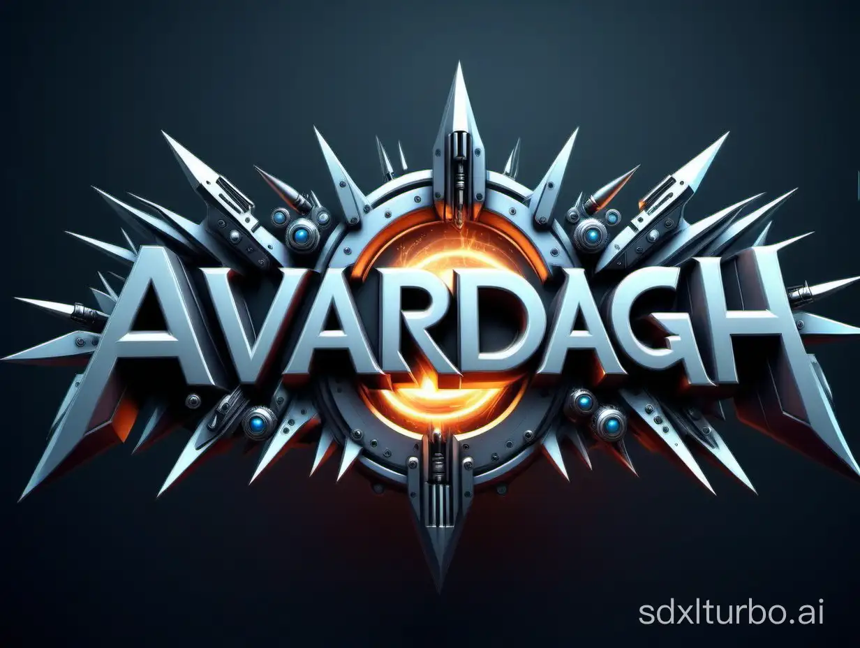 create text logo from "AVARDGAH" with sharp edges and bullets and other assets decoration, front view, clean, lights, simple, 3d, frame, battle, modern, scifi