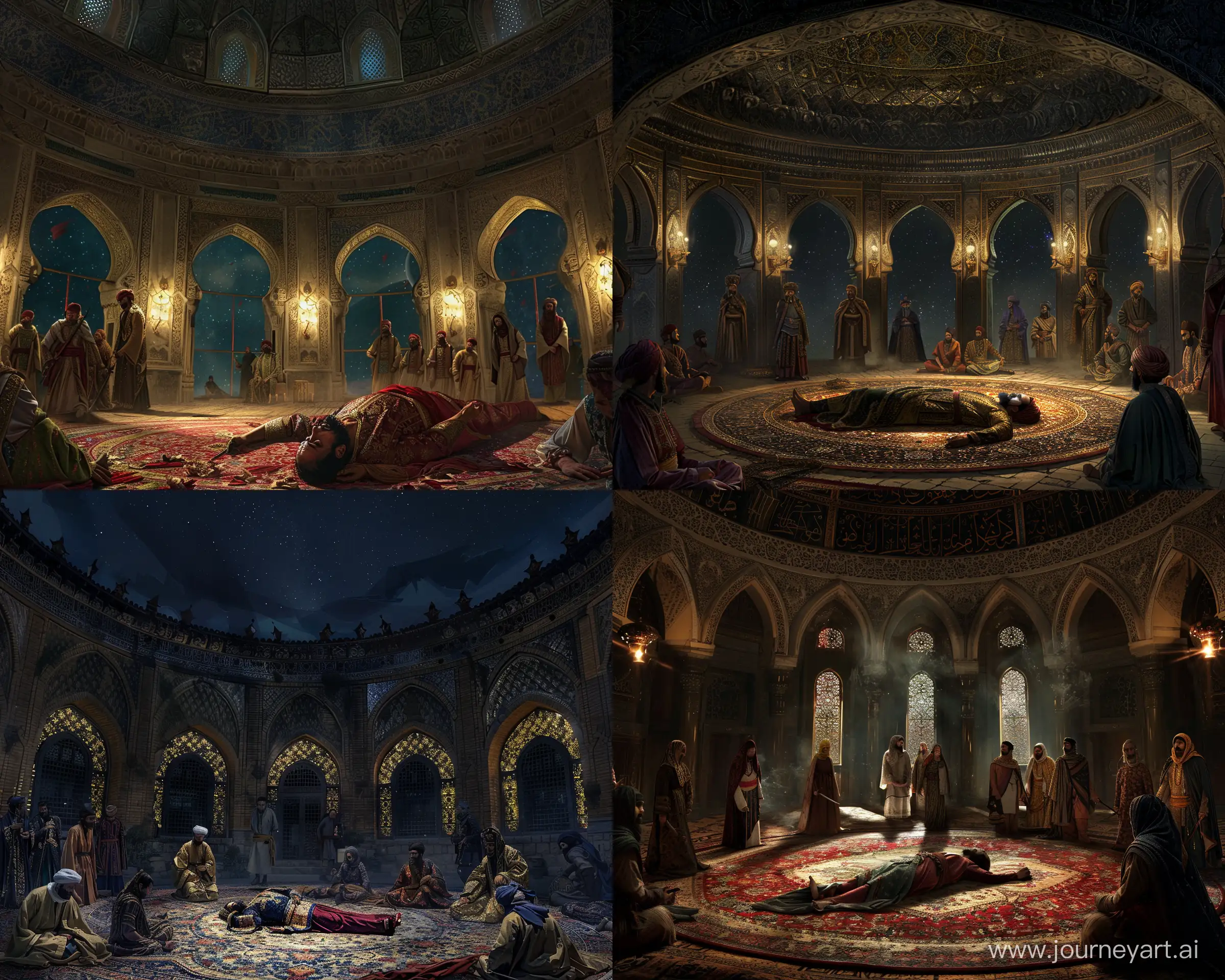 inside of a round hall with muqarnas covered ceiling and persian arch windows, a dead prince lying on the persian carpet surrounded by ottoman janissarys, night --ar 5:4