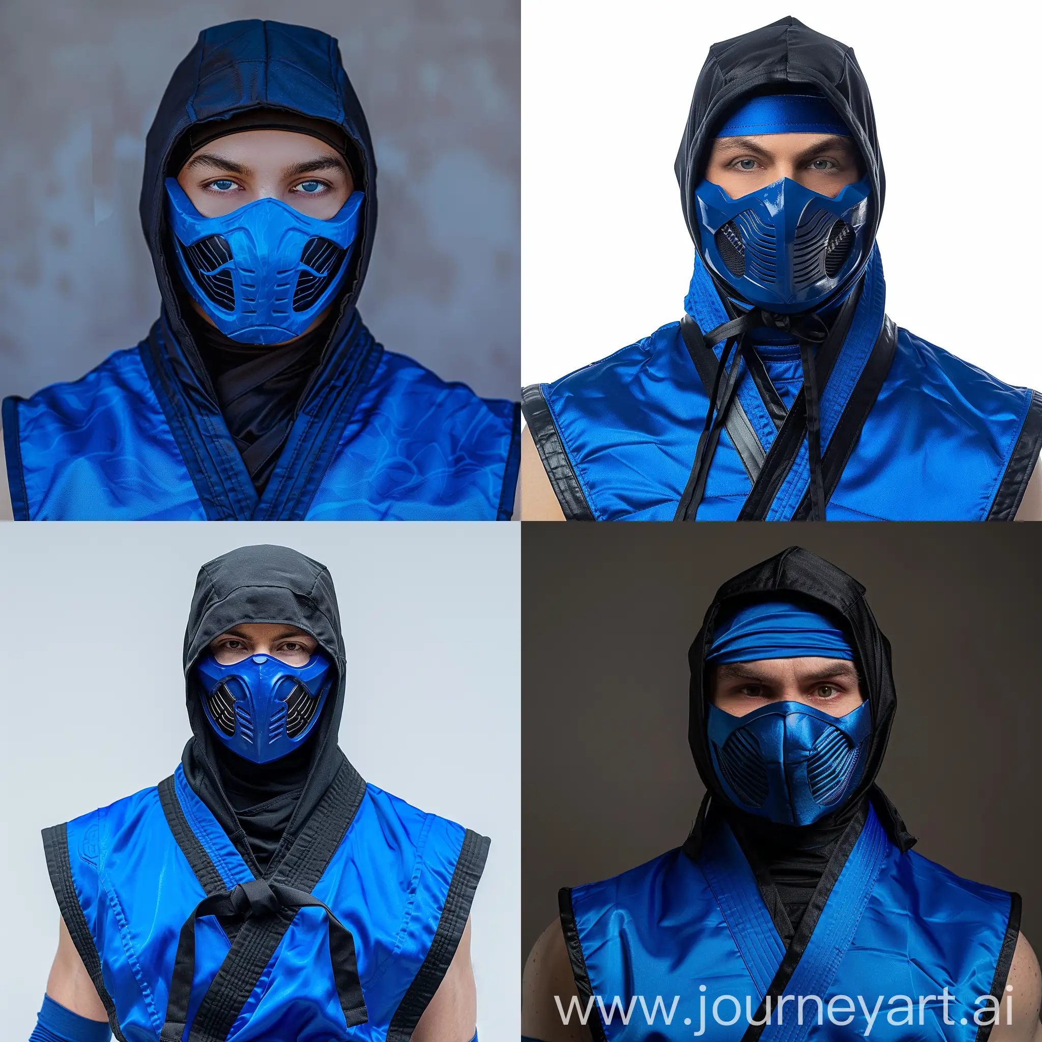 Sub-Zero from Mortal Kombat 1, blue ninja costume, blue mask, black hood