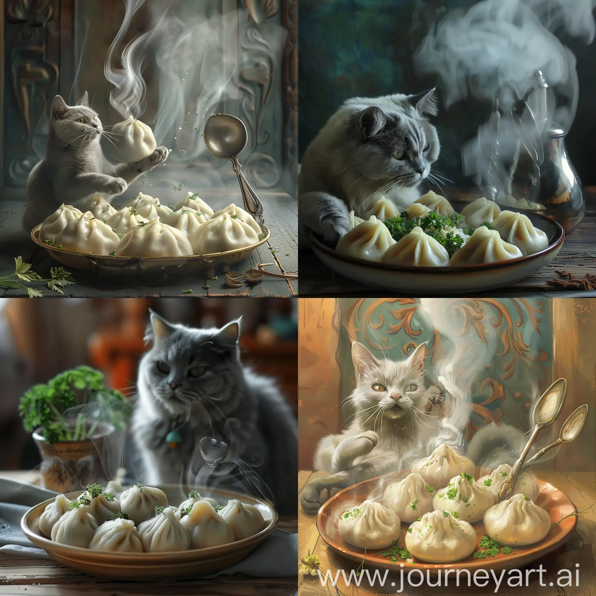 Steaming-Georgian-Khinkali-Dumplings-with-a-Curious-Cat-Holding-a-Spoon