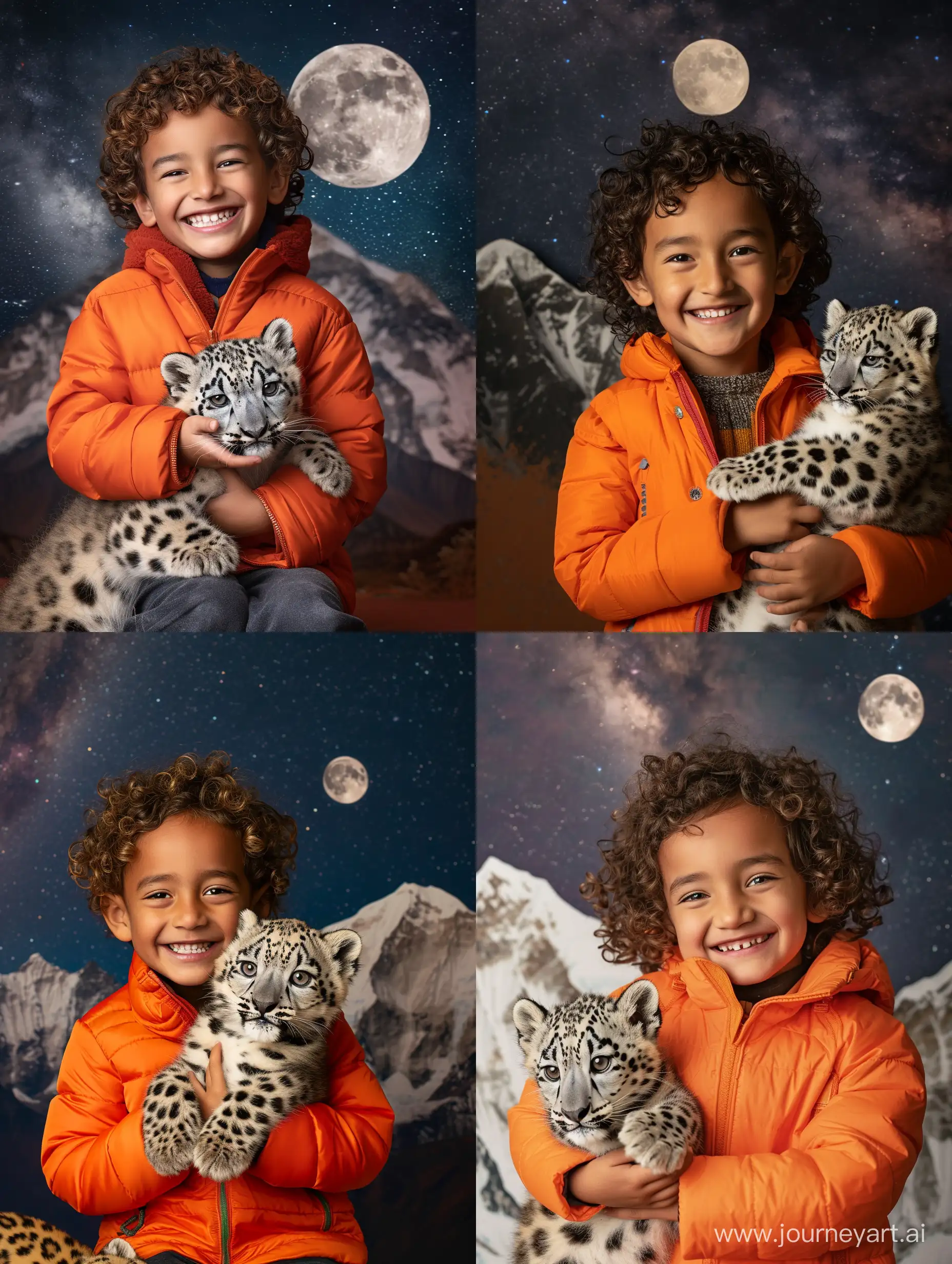 Joyful-Nepali-Boy-Embracing-a-Baby-Snow-Leopard-with-Majestic-Mount-Everest-Backdrop