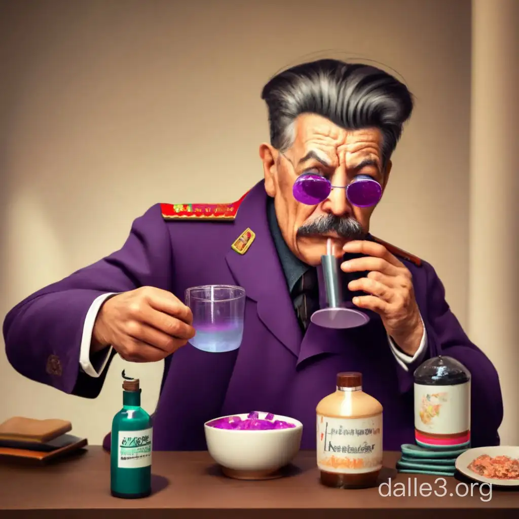 joseph stalin sipping some strange purple liquid from a double-walled cardboard glass 4k, photorealistic, ultrarealistic, ar -3:2, bokeh