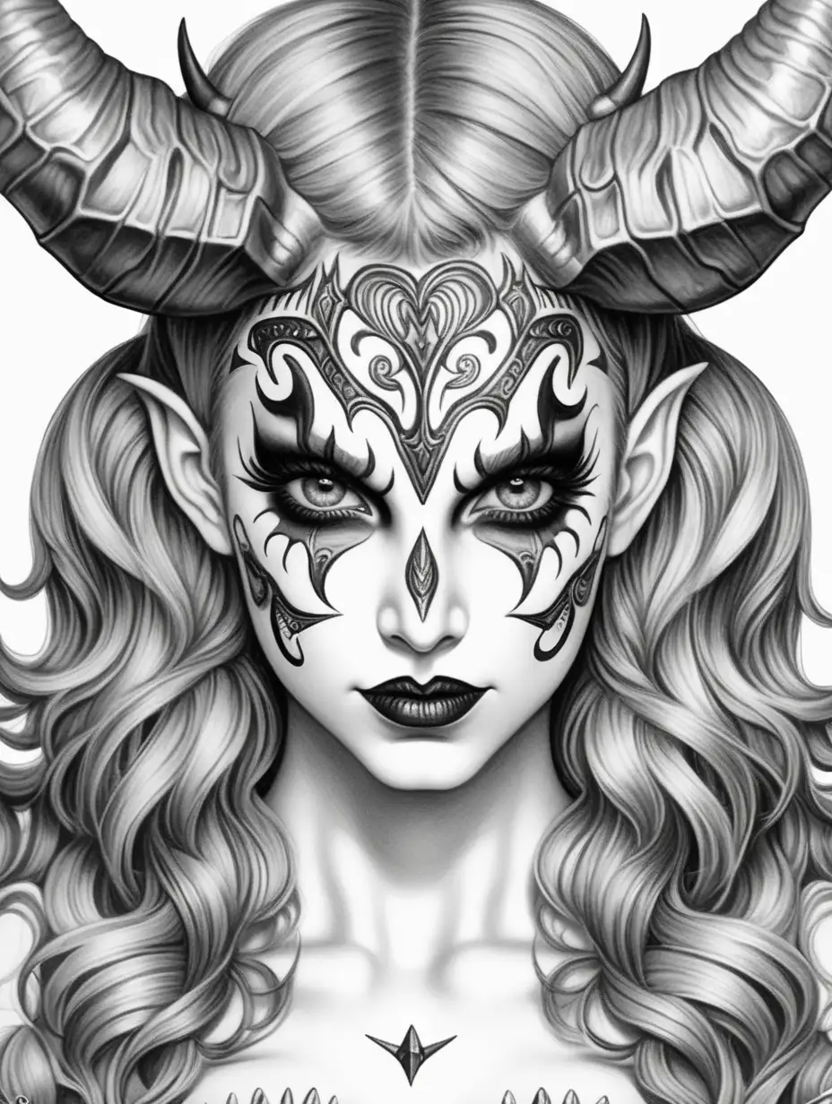 adult coloring book, black and white, best linework, high details, no color. 3D illustrated portait of highly detailed monster makeup and demon horns on pretty girl wearing sexy devil costume. No background.