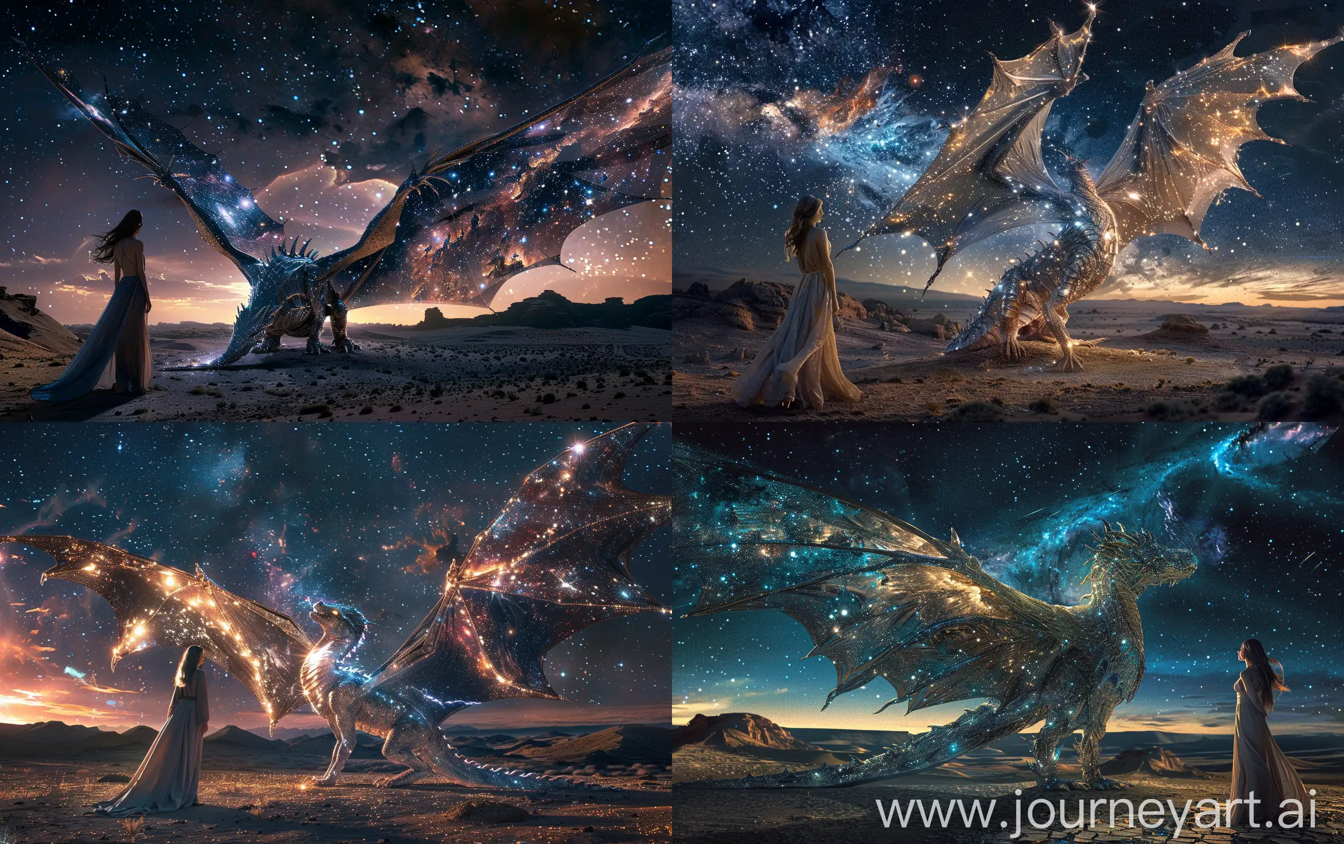 The giant winged dragon made of nebulas stands on ground, wings are made of shining galaxies and stars, beautiful woman in long dress looks at the dragon, the night dark desert with small hills, in the sky is deep space with bright nebulas, realistic --ar 16:10
