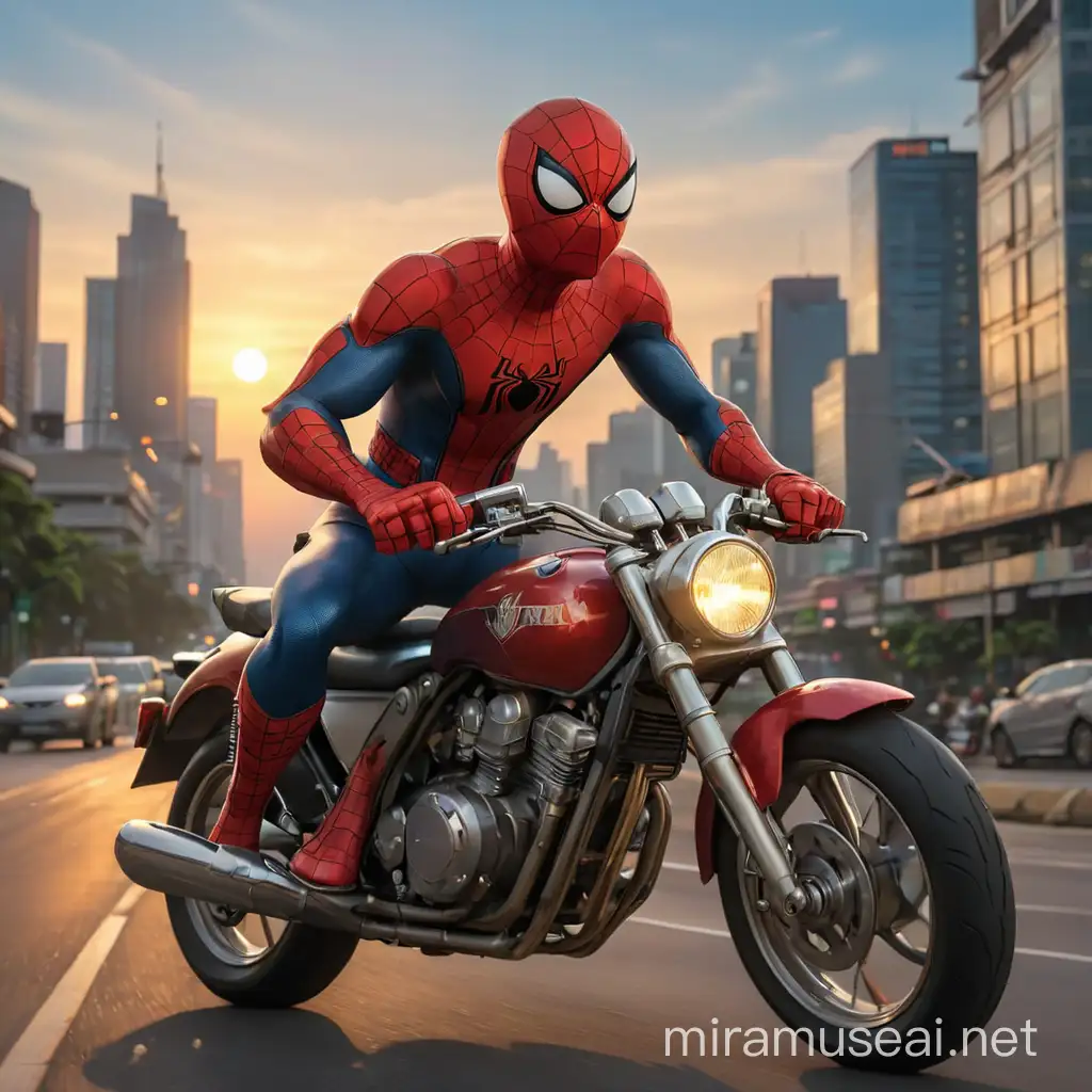 Give me a realistic caricatureimage of spiderman from marvel cinematic universe. In this picture he's riding a motorbike in jakarta road in the evening. He ride a bike with tall building around him and there is a sunset moon behind. There is a busway on the road and also cars. He is enjoy the view of jakarta. The image is from the side with the camera slightly upwards

