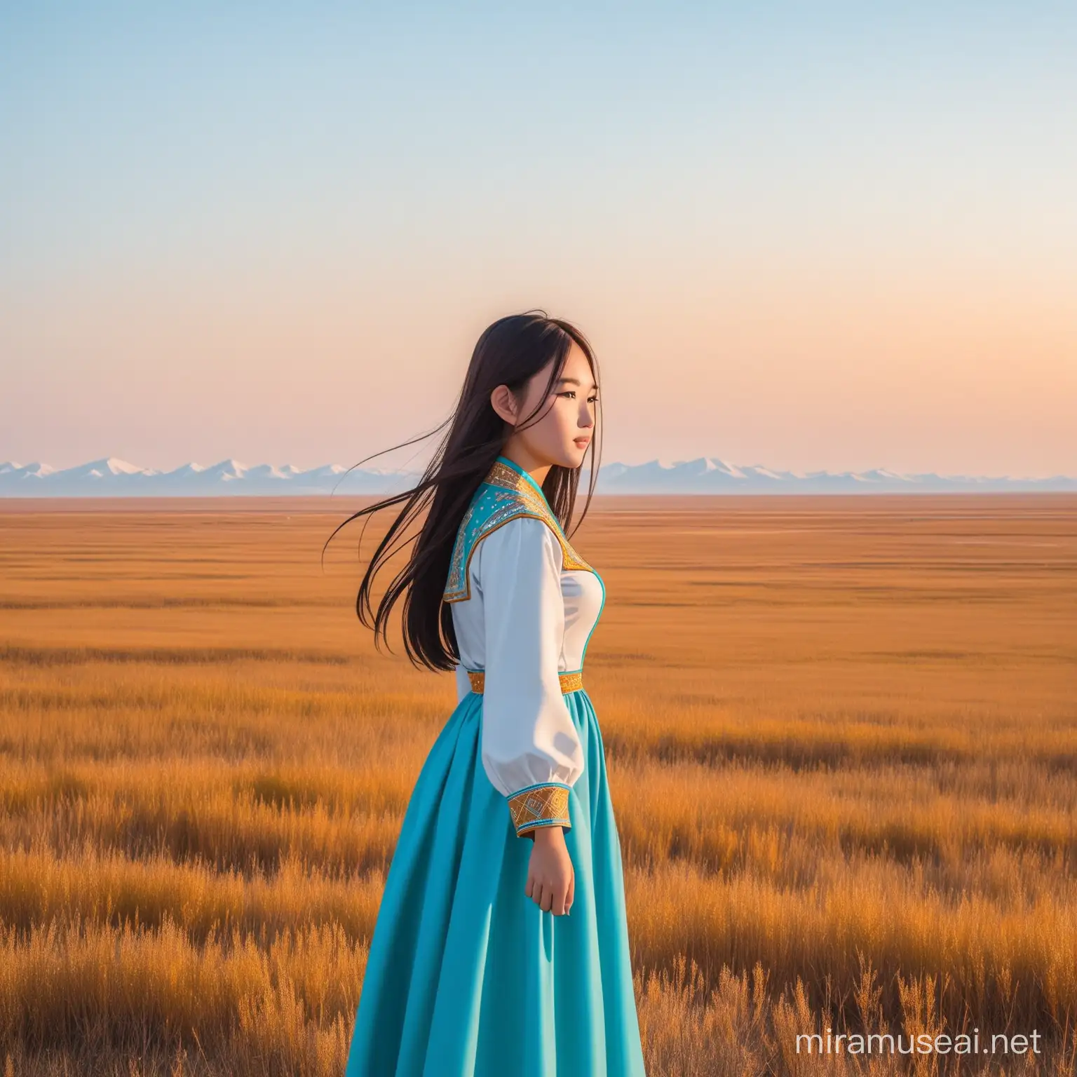 Kazakh Girl Walking Alone in Vast Landscape