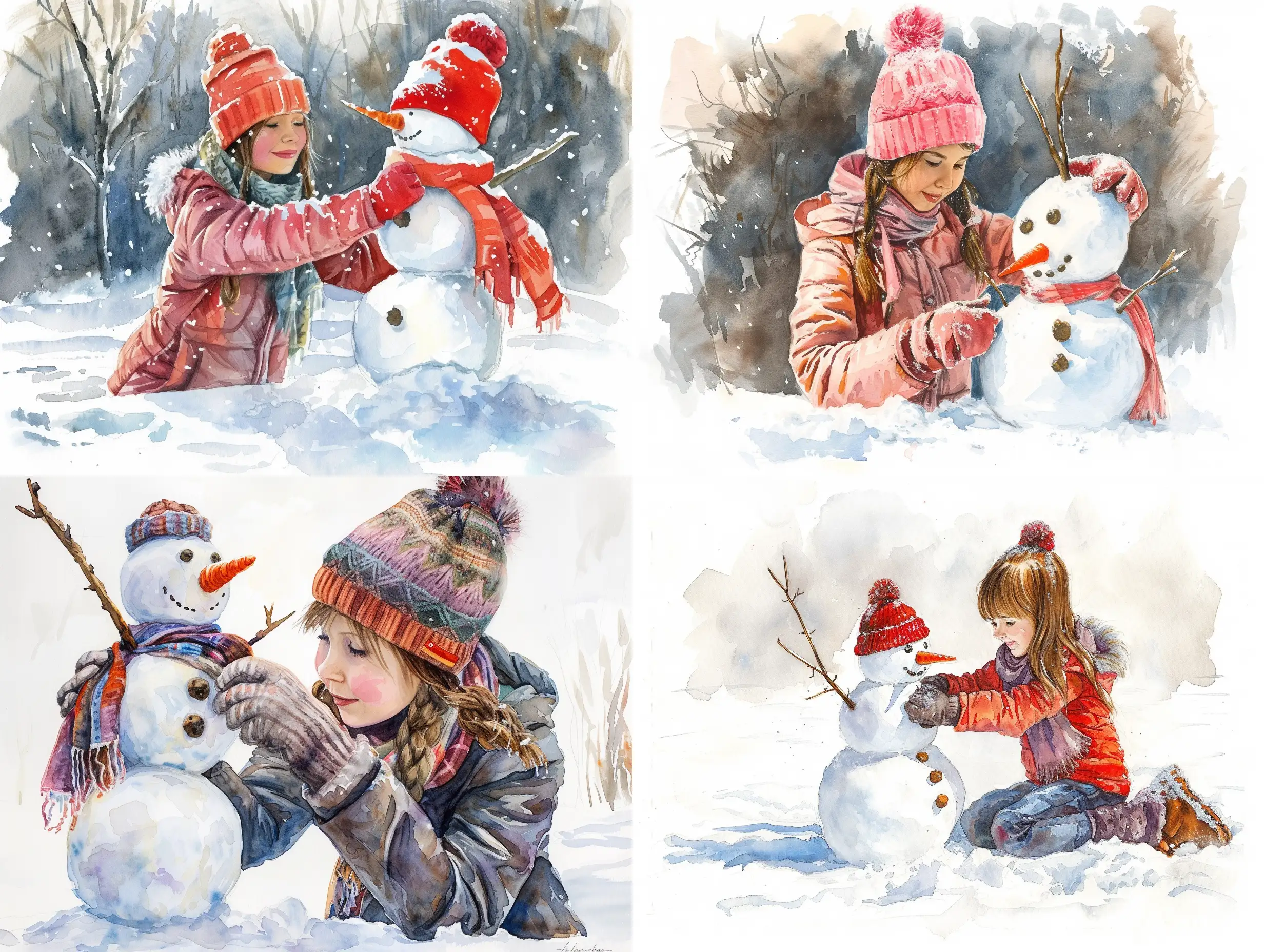 Adorable-Girl-Crafting-a-Snowman-in-a-Whimsical-Watercolor-Artwork