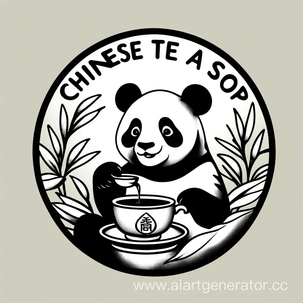 Логотип для магазин китайского чая «Панда»;  В монохроме, панда пьёт чай