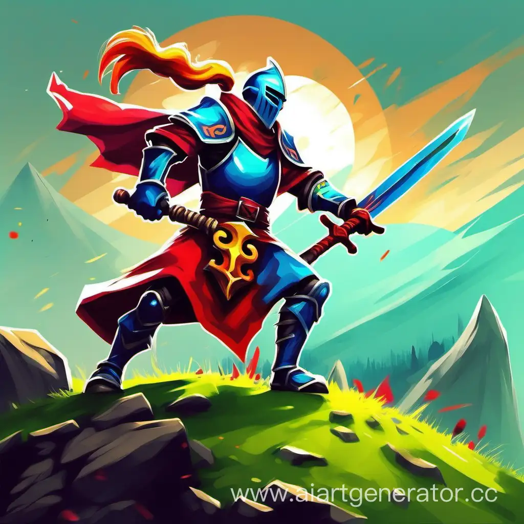 Рыцарь упражняется в атаке мечем  на манекене(как в dota2) на холме в цветном нарисованном стиле 
