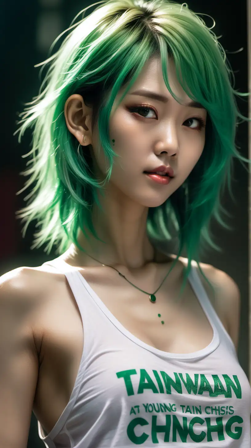 woman with green hair highlights in tank top, her face inspired by Taiwan actress young Lin Ching-hsia,long hair at age of 30 , topless,  in the style of hyper-realistic atmospheres, anime aesthetic, dotted, fenghua zhong, close up, full body view, light gold and dark emerald, 32k uhd