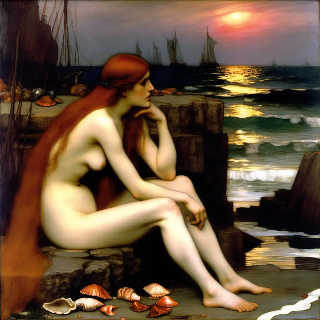 John William Waterhouse two beautiful nude without clothing muses with long red hair sitting along the ocean at dusk with  sea shells