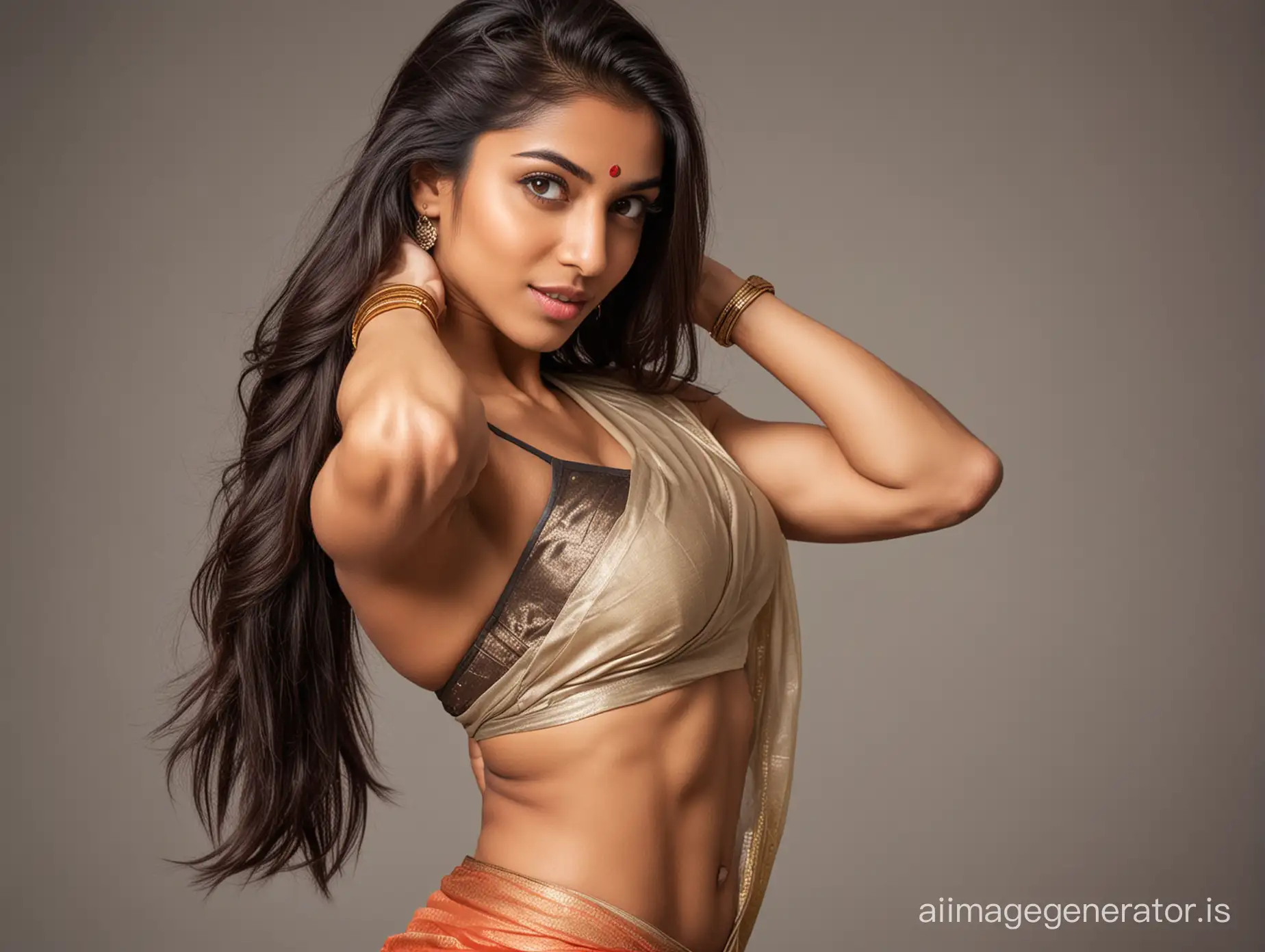 Muscular-Indian-Woman-in-Saree-Flaunting-EightPack-Abs-and-Long-Hair