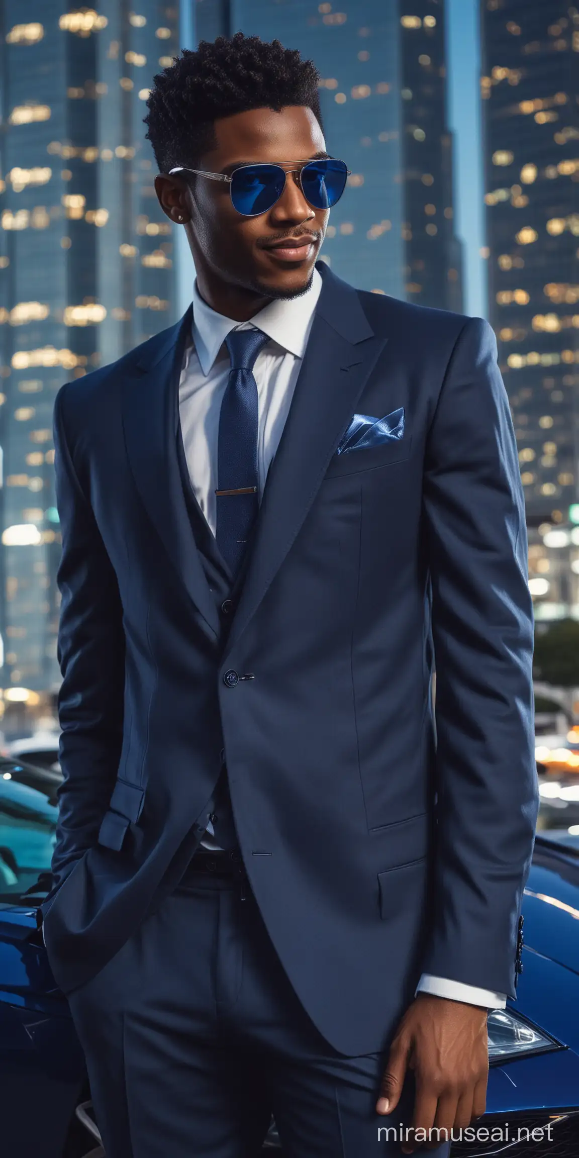 A handsome young black man in a cool navy blue suit and eye shades, smirking out while leaning against a Lamborghini, with blue luminous skyscrapers glowing behind him
