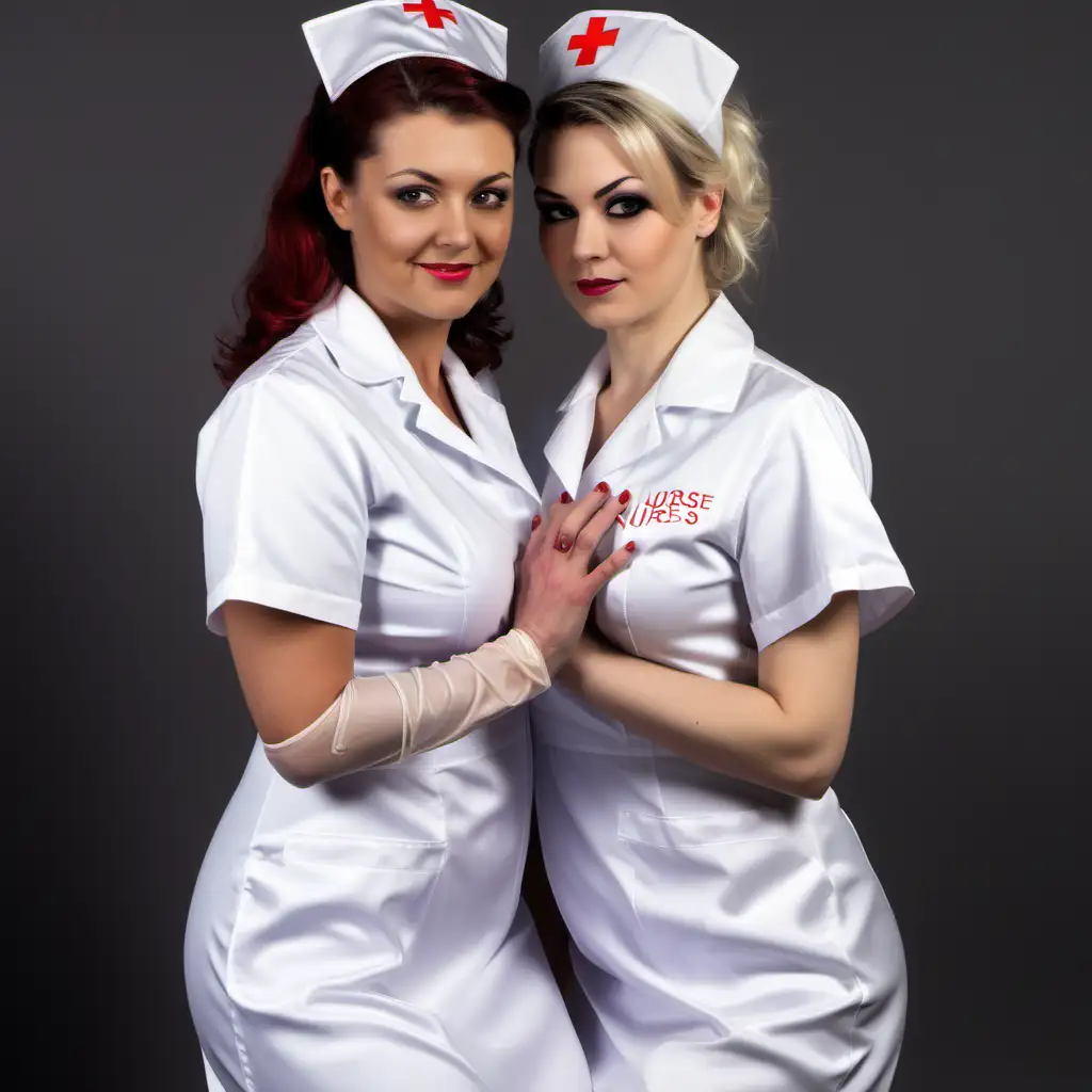 Caring Lesbian Nurse and Little Mistress Embrace in Elegant White Satin Uniforms