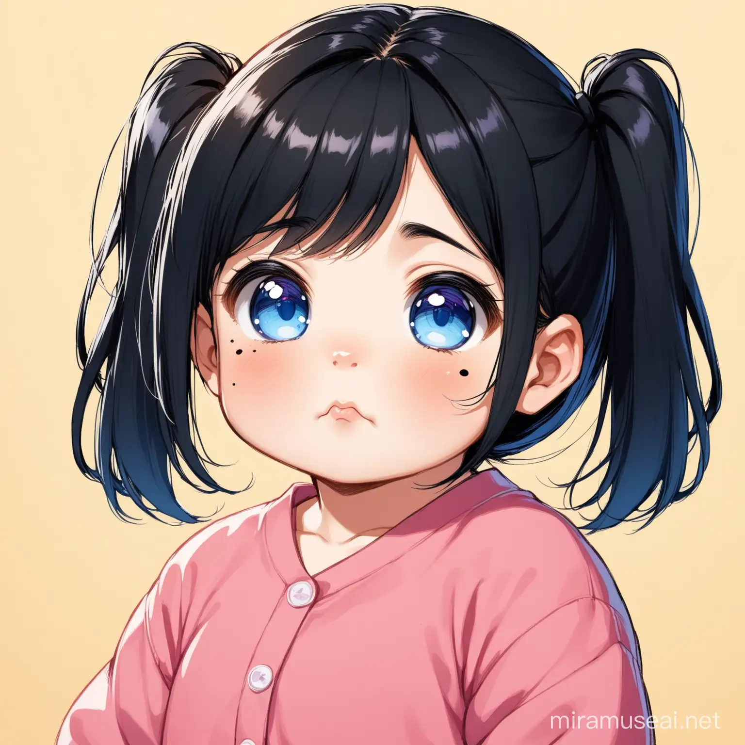 Adorable Toddler with Raven Black Hair and Blue Eyes in Pigtails