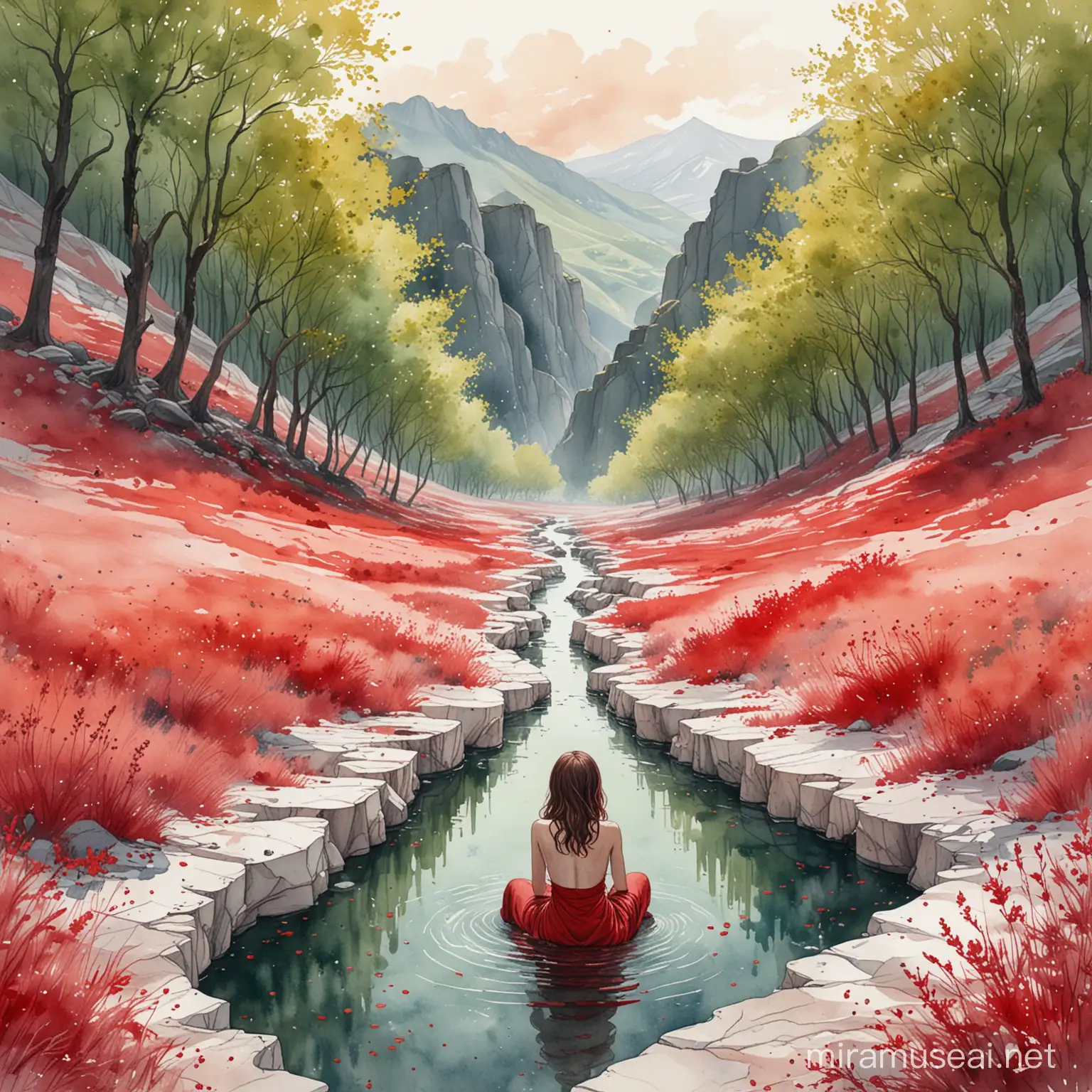 A girl dressed in scarlet, Sitting in a marble pool of ashes holding them close to her chest, looking out into a valley of Ruby crusted trees, and willowing green grass. In water colors hand drawn