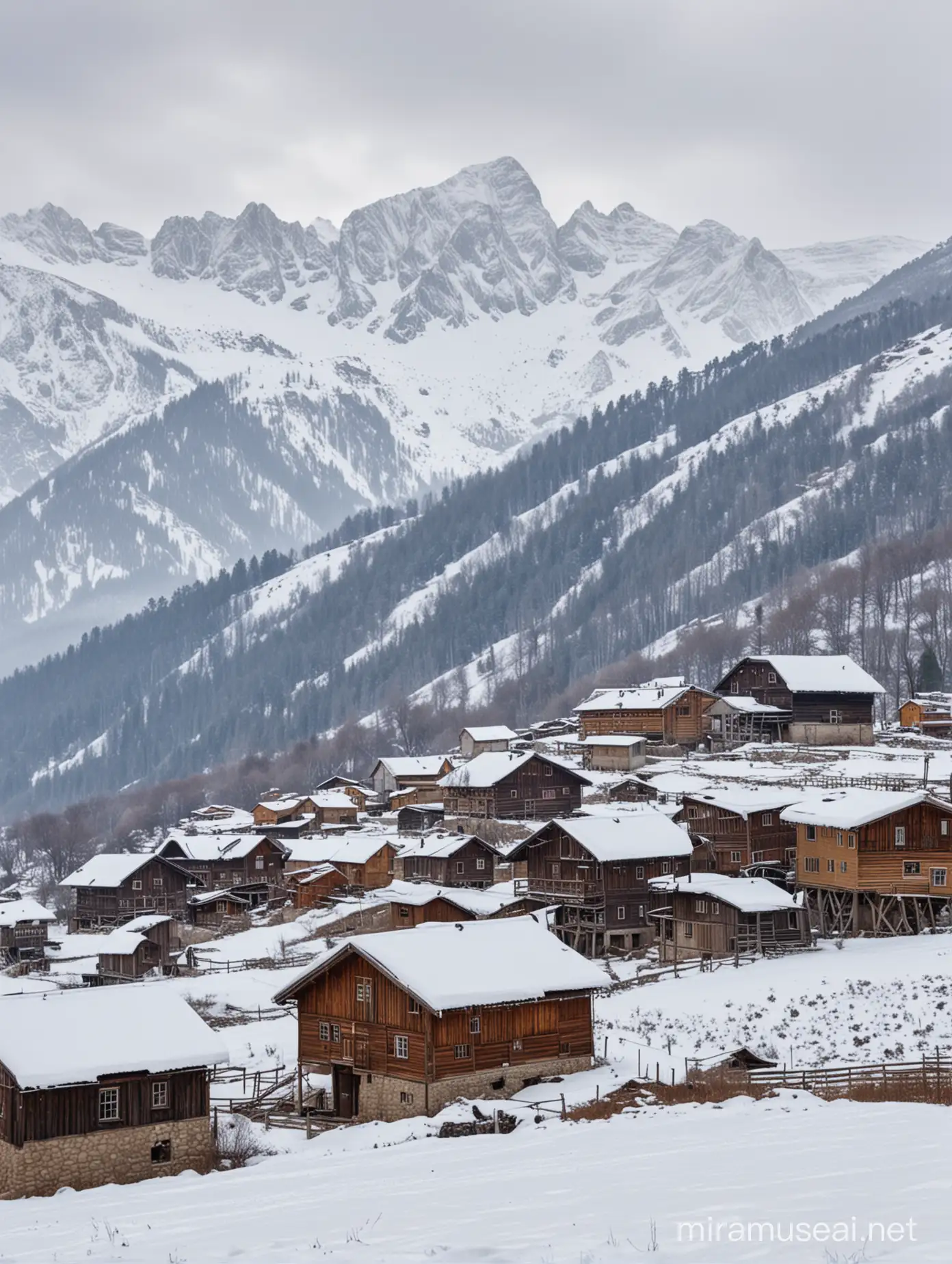 Snowy Mountain Village with Vintage Wooden Houses