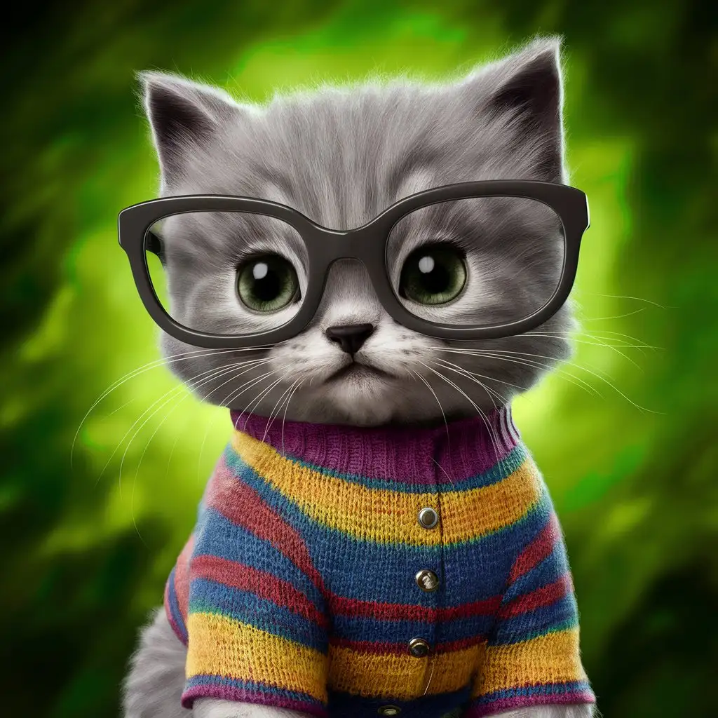 Adorable-3D-Gray-Kitten-Meme-in-Colorful-TShirt-with-Big-Glasses