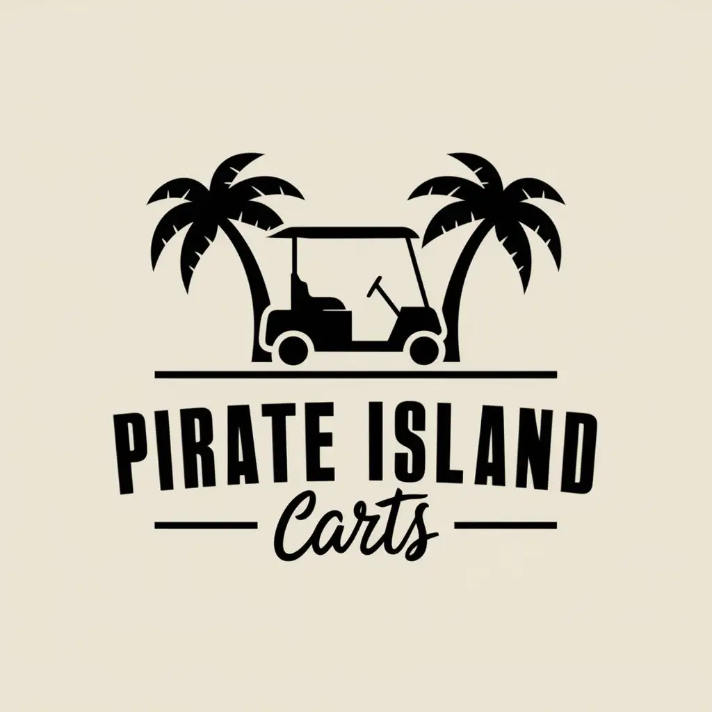 logo, Golf Cart and two palm, with the text "Pirate Island Carts", typography, be used in Travel industry