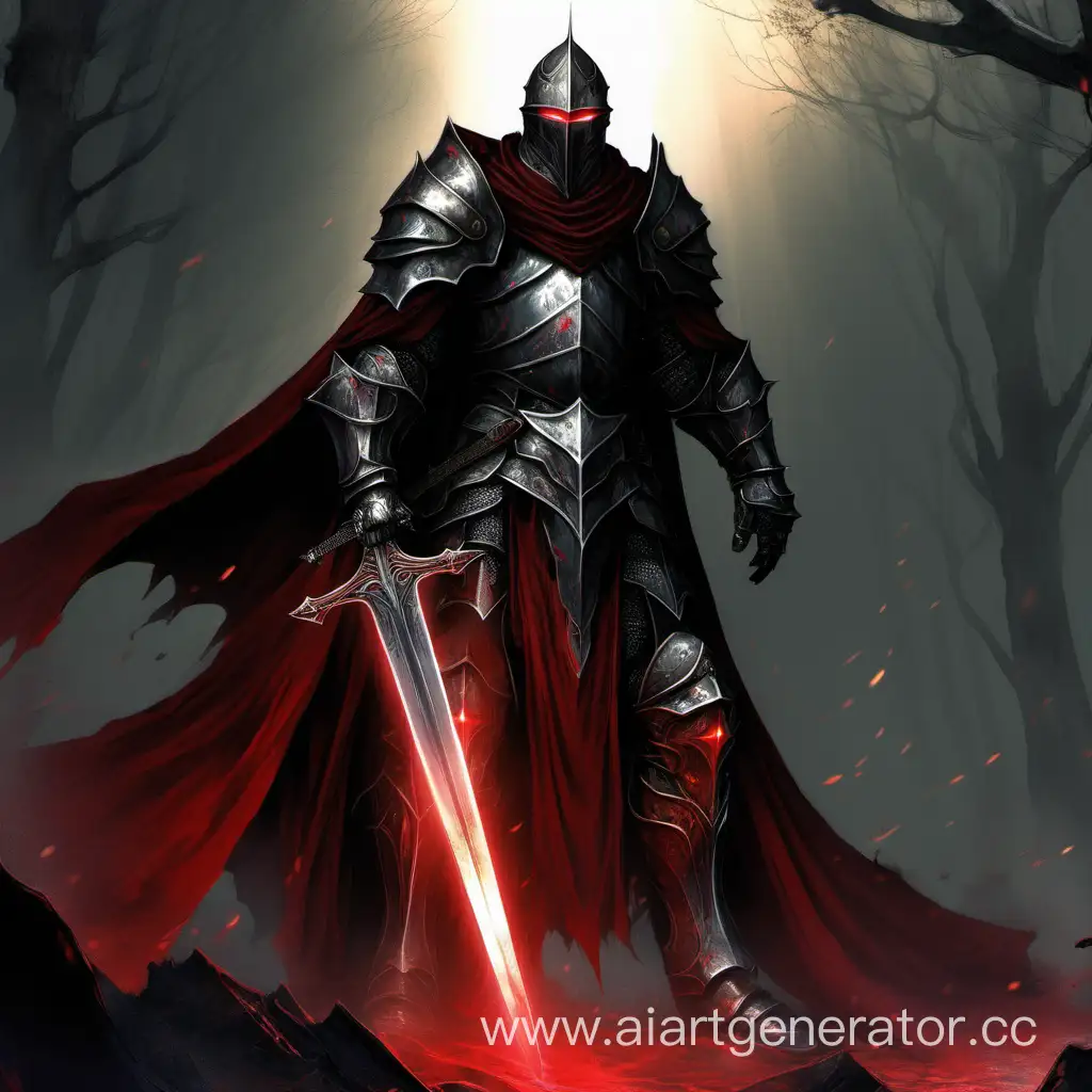 рыцарь, темный цвет доспехов, доспехи, красное свечение глаз, гигантский двуручный меч, плащ, изношенный плащ