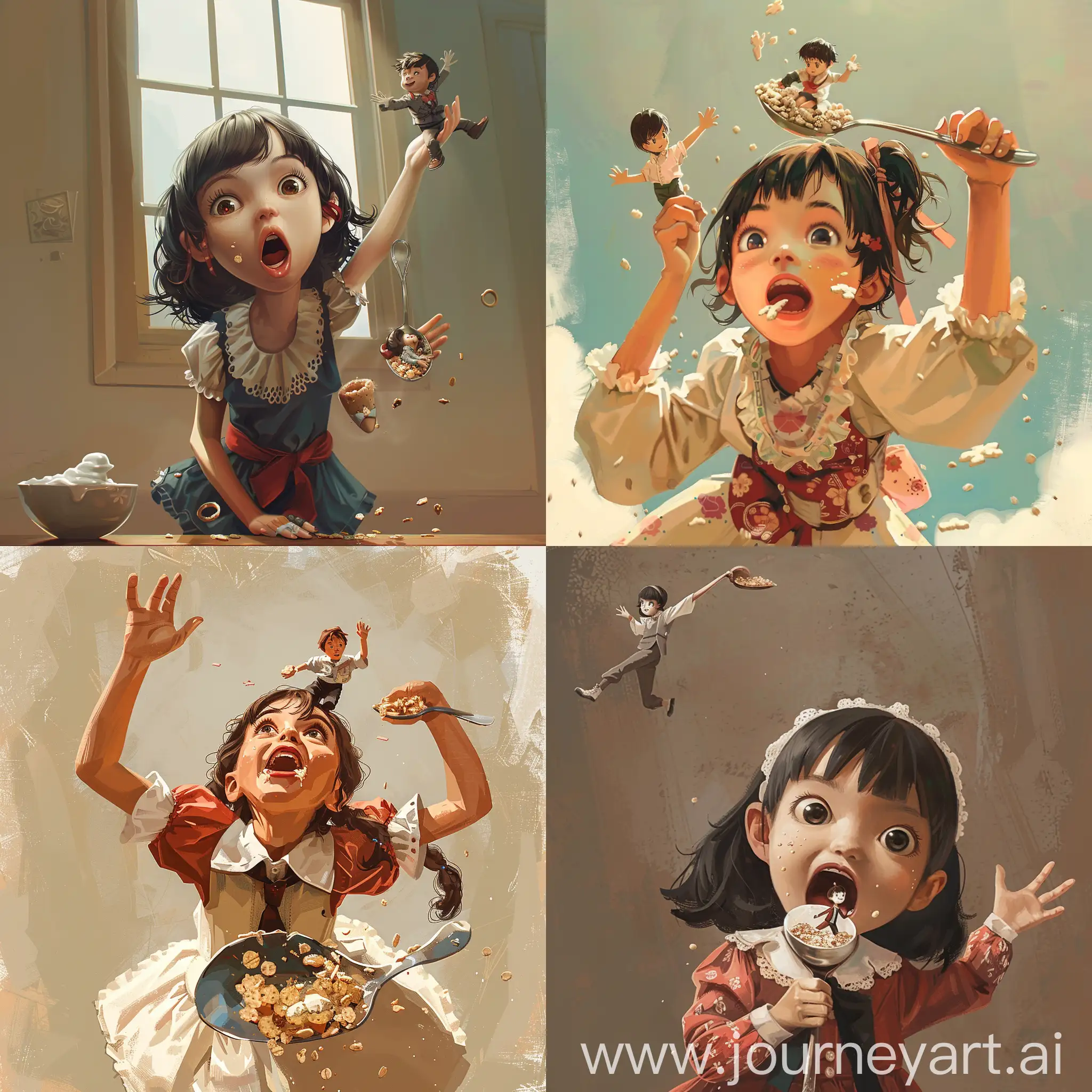 a low angle view of a girl dressed in sweet clothes holding a spoon with cereal in front of her wide open mouth. There is a very tiny man on her spoon with his arms up, waving at her. anime digital painting.