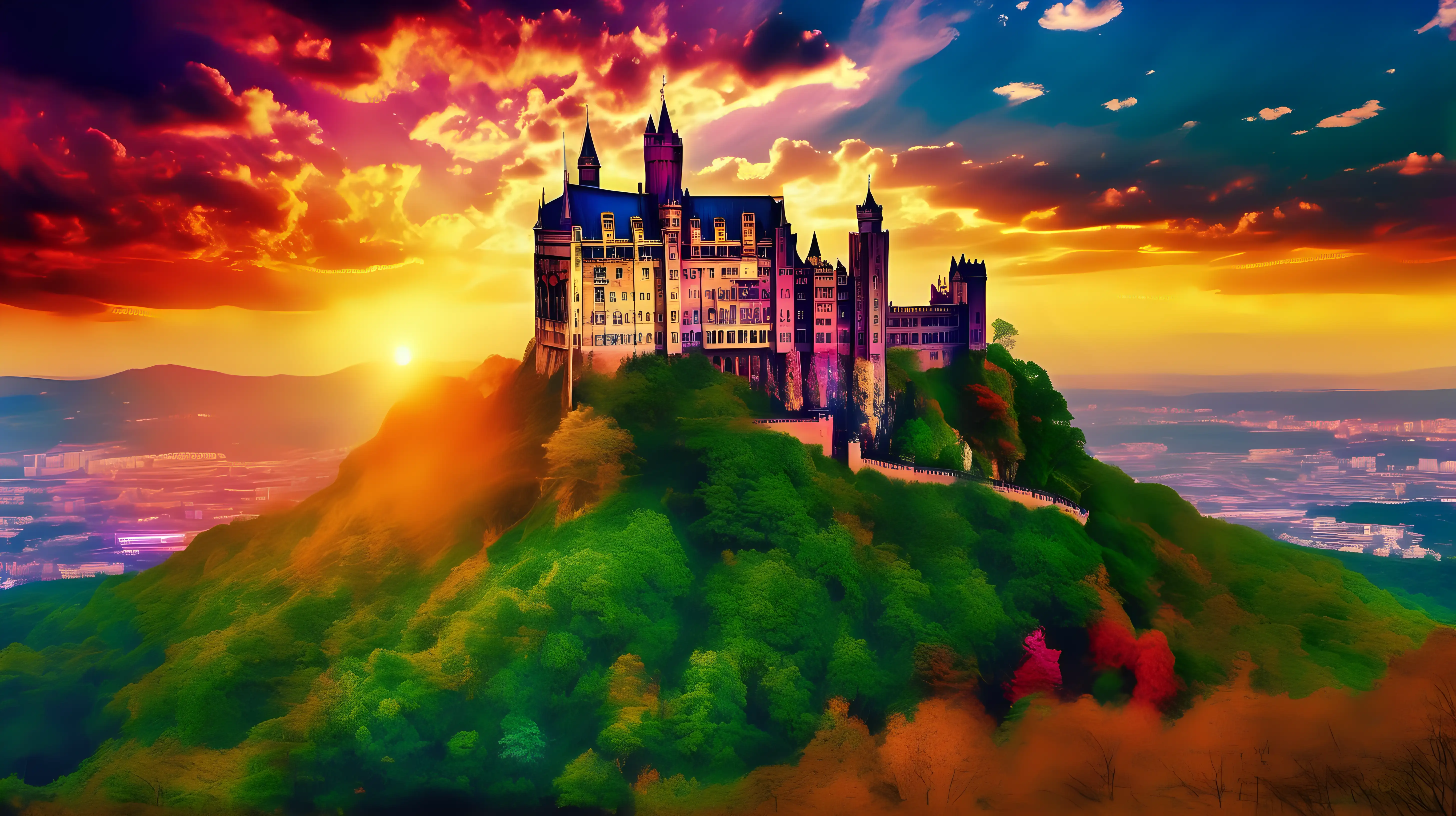 Enchanting Sunset Castle on a Hill with Lush Greenery