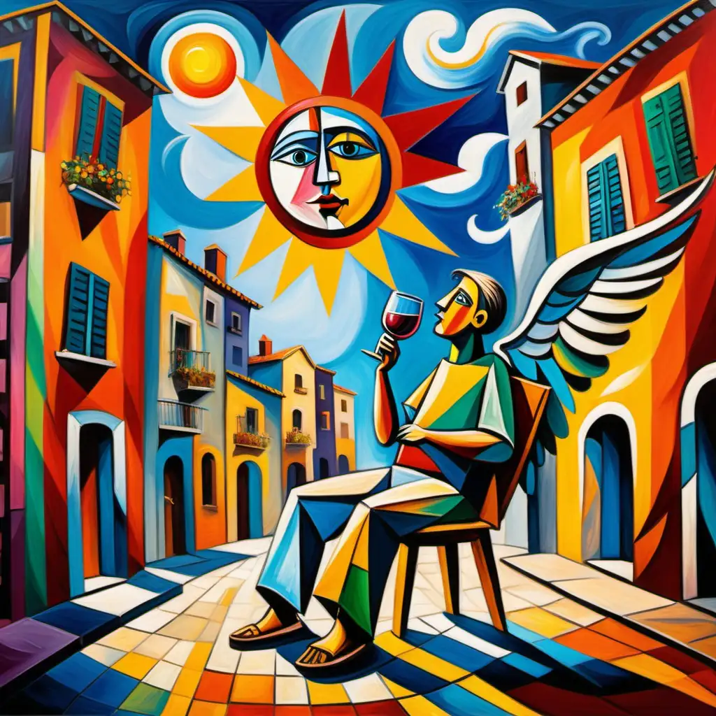 picasso style a man is drinking wine in the streets the sky is full of colors this is the summer , the children are watching the scenes , the sun is stunning , there is an angel close by 