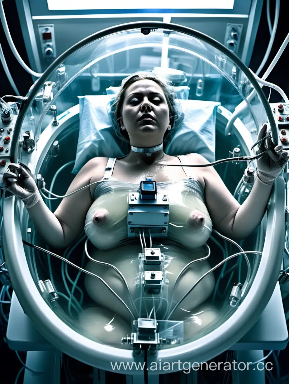 Woman strapped down to the operating table in a futuristic hospital operating room. She is submerged in a transparent tank of liquid. She is slightly overweight. Machines manipulate her for a medical experiment. Electrodes are affixed to her chest. She is attached to wires and tubes.