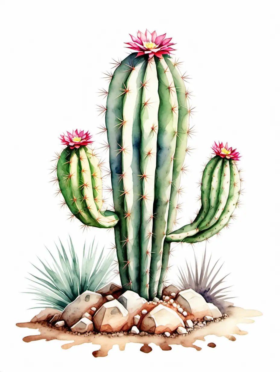 Wild Cactus Watercolor Illustration on White Background