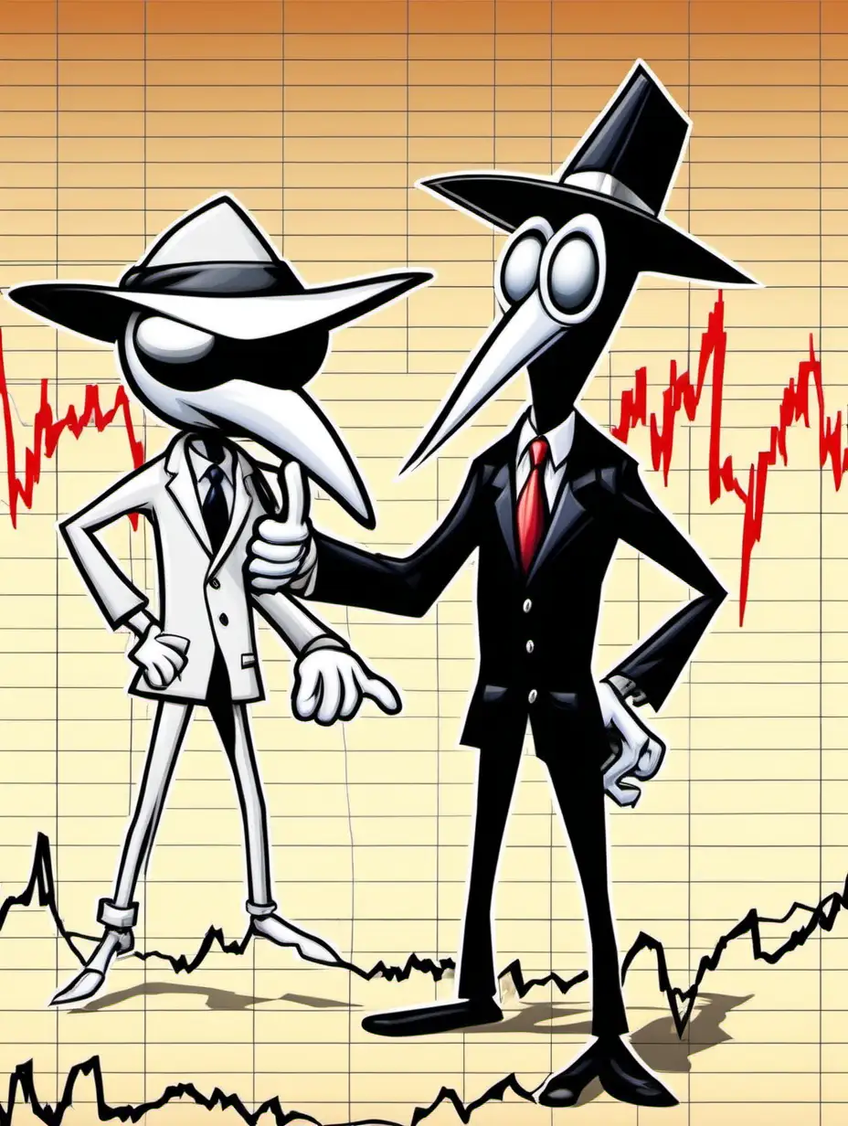 Cartoon SPY vs. Spy with a background of a stock chart