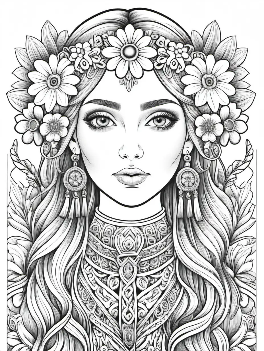 coloring page ukrainian style girl head flowers