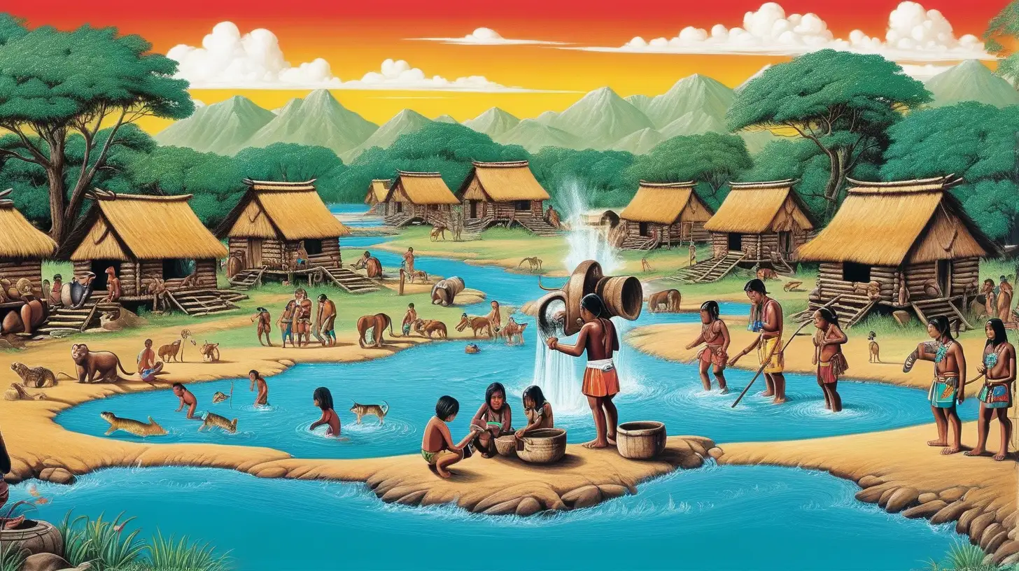 
The illustrations vividly capture the concept of at least 5 distinct clans or tribes, each settled in separate areas, showcasing the beginning of territorial division into different regions. Each clan has the opportunity to dig its own water well, highlighting the evolution of human settlements with the discovery of personal water sources. These vibrant, full-width pop art style artworks use strong color contrasts to emphasize the organized division of living areas into different districts, contrasting with the previous era where everyone congregated around a single found lake.