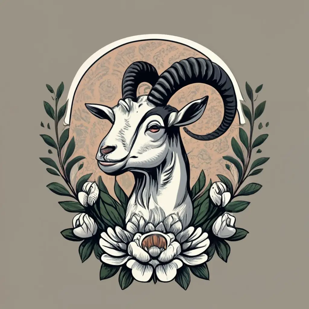 logo, a simply drawn whimsical and studious goat head with two short horns within a circular floral frame with peonies in black and white with a modern vintage vibe and a white background, be used in Retail industry