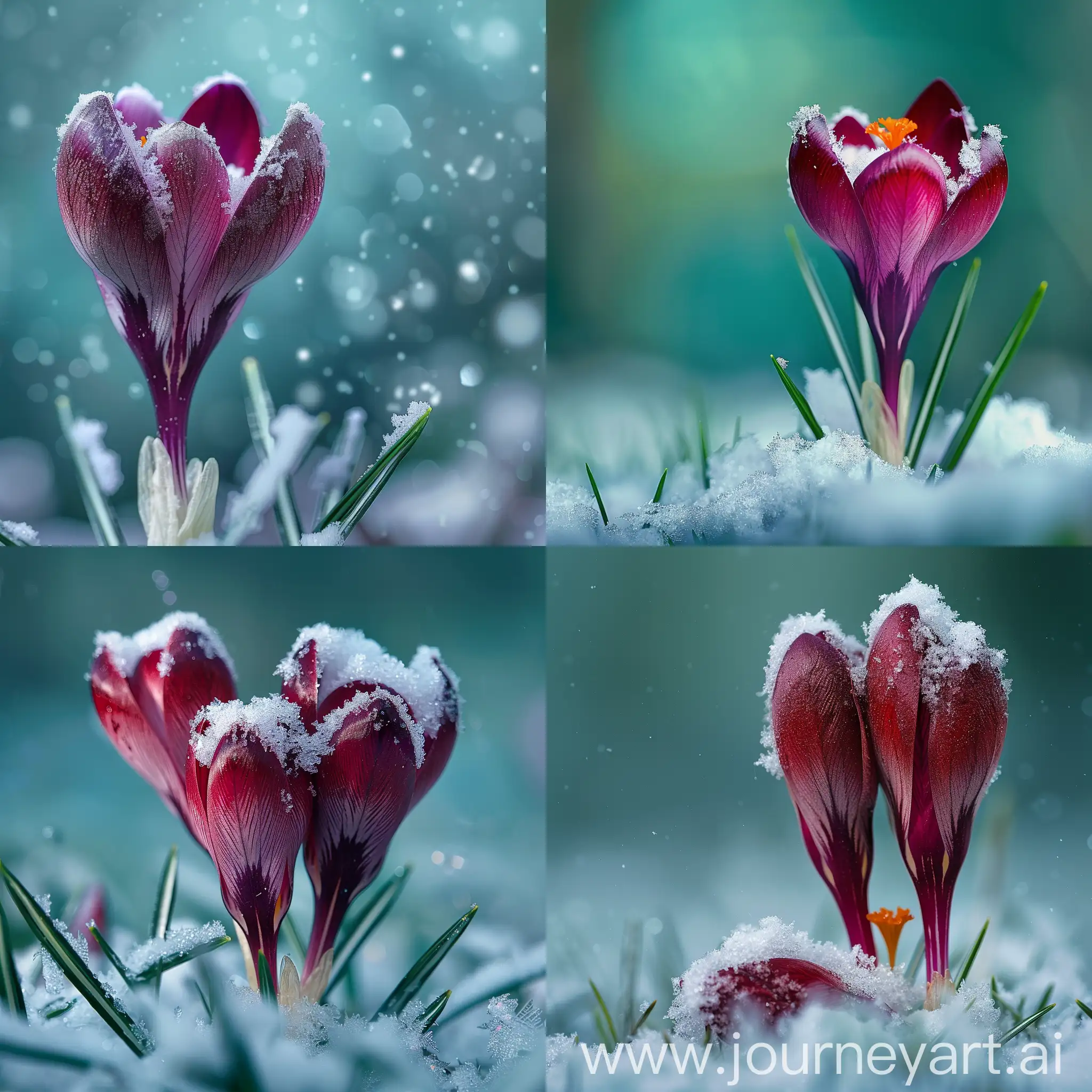 Burgundy-Crocus-Covered-in-Snow-Enchanting-Macro-Photography-in-a-Serene-Forest-Setting