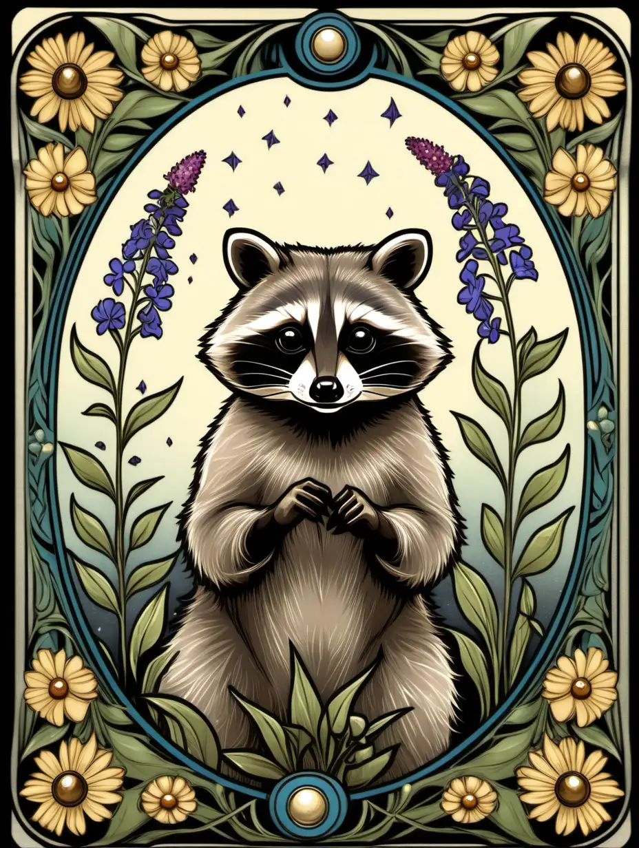 Raccoon Tarot Card Surrounded by Wildflowers in an Art Nouveau Frame