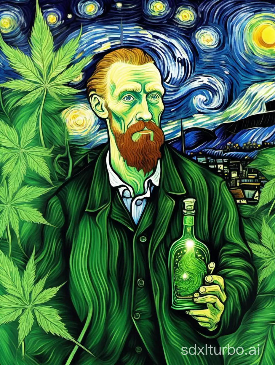 A self portrait of Vincent Van Goh holding a green bottle of Absinthe liquor and missing his left ear all on a background of swirly cannabis leaves on a starry starry night painted in the style of Vincent Van Gogh.