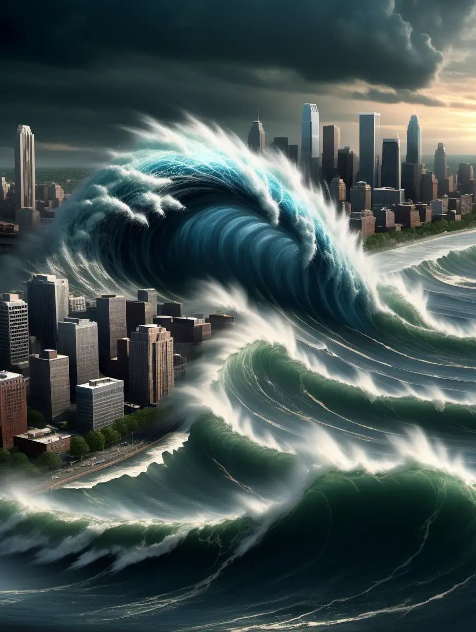 generate a high definition digital artwork showing a massive tsunami wave approaching MN cityscape.  Ensure the human faces are perfectly rendered, conveying the emotions of astonishment and fear.  Protray the tsunami wave with intricate details and a sense of impeding danger, emphasizing the power and scale of the natural disaster.
