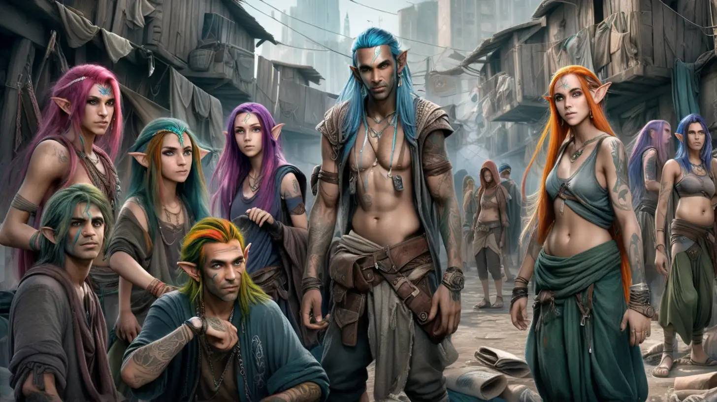 photo realistic several beautiful elven refugees men and women with colorful hair, dark-gray tattoos and ragtag tattered clothing or rags living and working in the slums of a fantasy city, no weapons