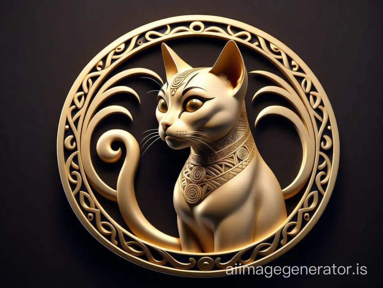 The beautiful 3D logo of the image of the Siamese cat behind is a circle with Samoan design and Maori design. Gold color.