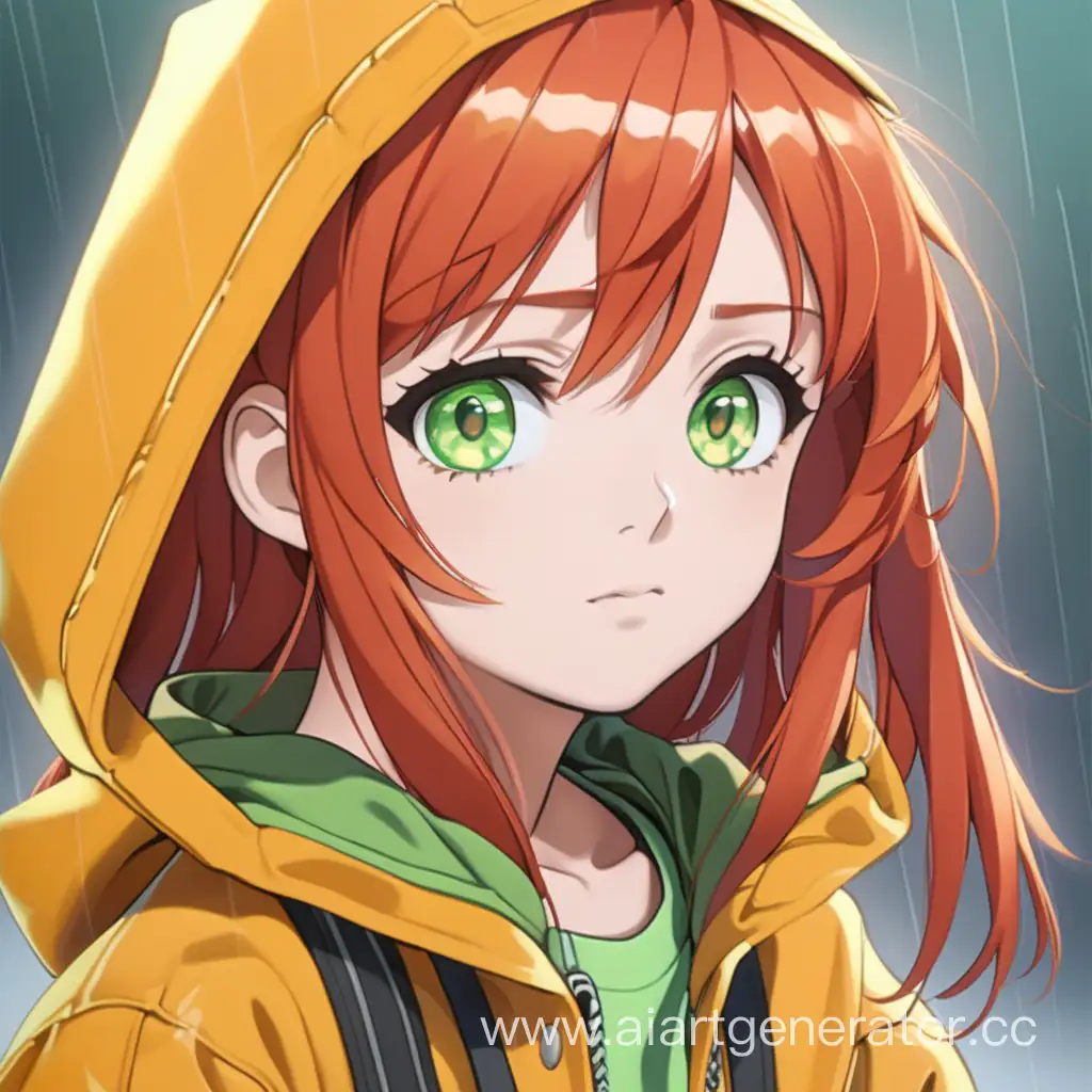 RedHaired-Anime-Girl-in-Yellow-Raincoat-and-Orange-TShirt