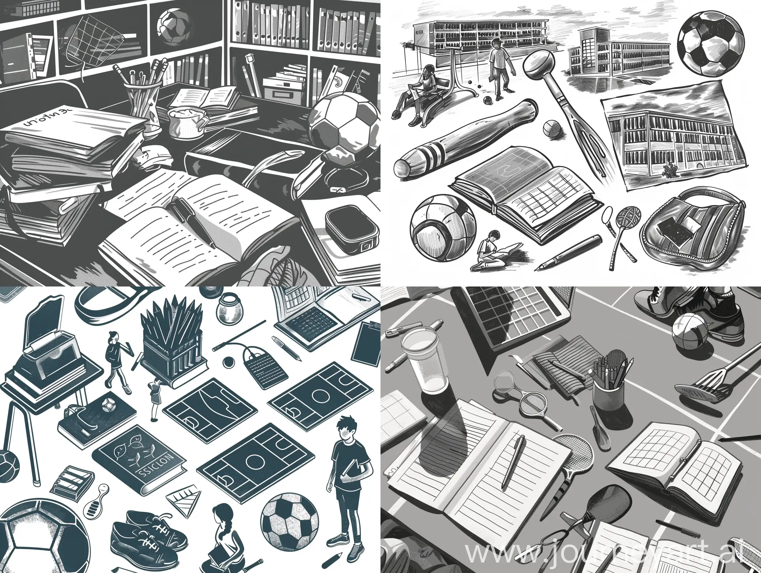 Monochrome-Illustration-of-School-Students-Studying-with-Sports-Equipment