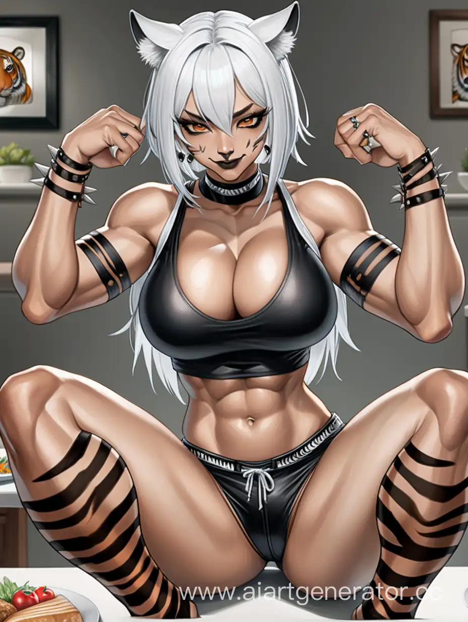 Above View, Sitting At The Table, Eating her food, 1 Person, Women, Beastwomen, Tiger Ears, White Hair, Black Striped Hair, Short Hair, Spiky Hairstly, Dark Ebony Brown Skin, White T-Shirt, White Pants,  Perfect hands, five finger, Choker, Black Lipstick, Seriuos Smile, Brown Eyes, Sharp Eyes, Perfectly Symmetrical Body, Tall Body, Massive Breasts, Muscular Detailed Arms, Muscular Legs, Well-toned Body, Muscular Body, Well-toned Abs, Hard Abs, Detailed Abs,  Tiger Stripes,  Striped stockings, Tiger tail, 